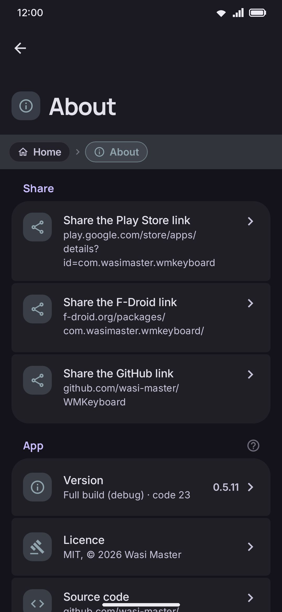 The About screen: Share, App, Documentation, Third party, and Word lists groups.