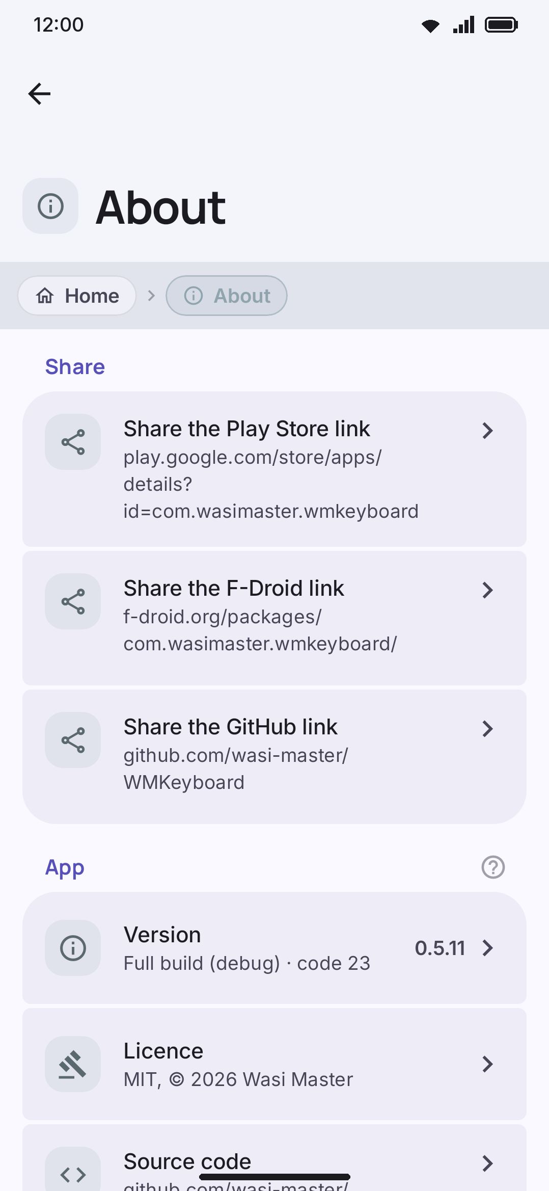 The About screen: Share, App, Documentation, Third party, and Word lists groups.