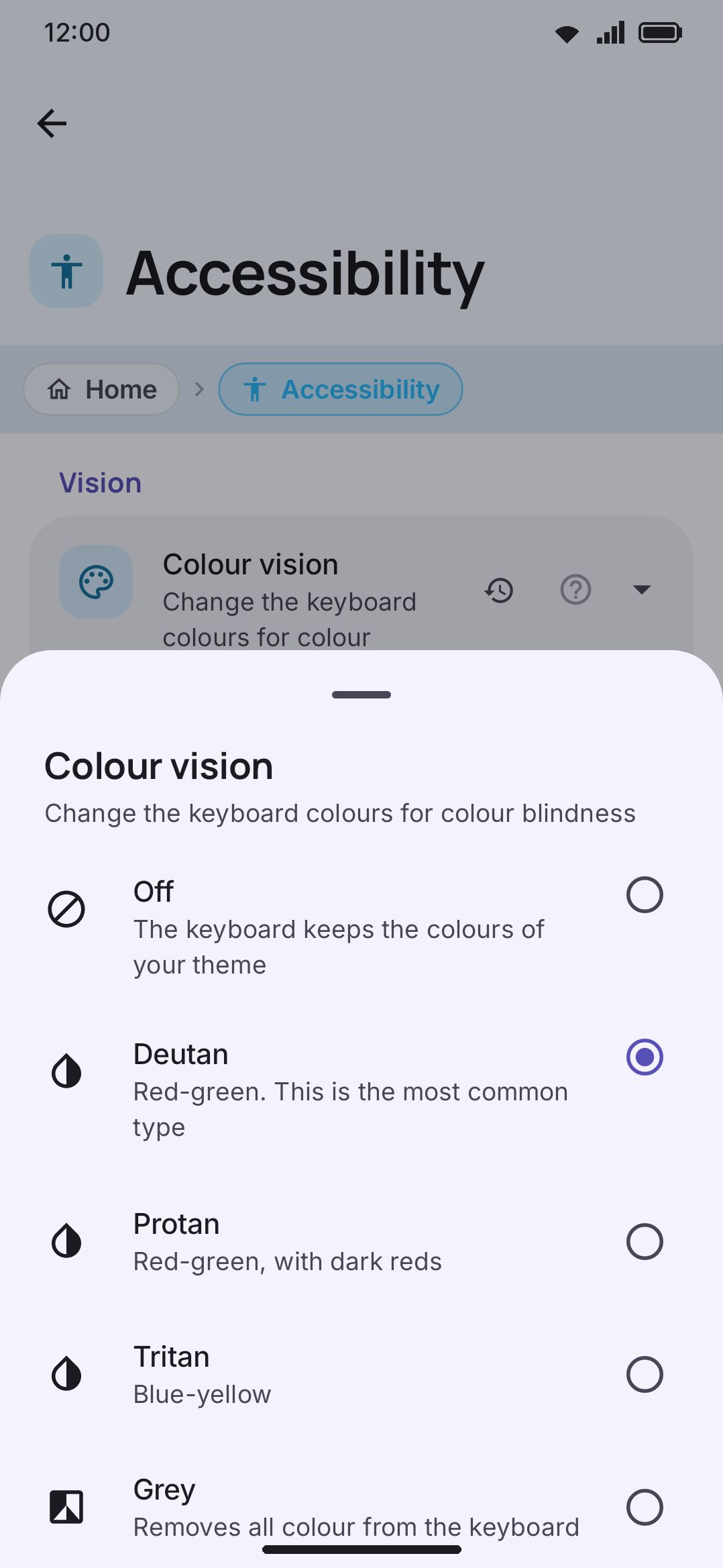 Colour vision set to Deutan, with the five filter options shown in the picker.