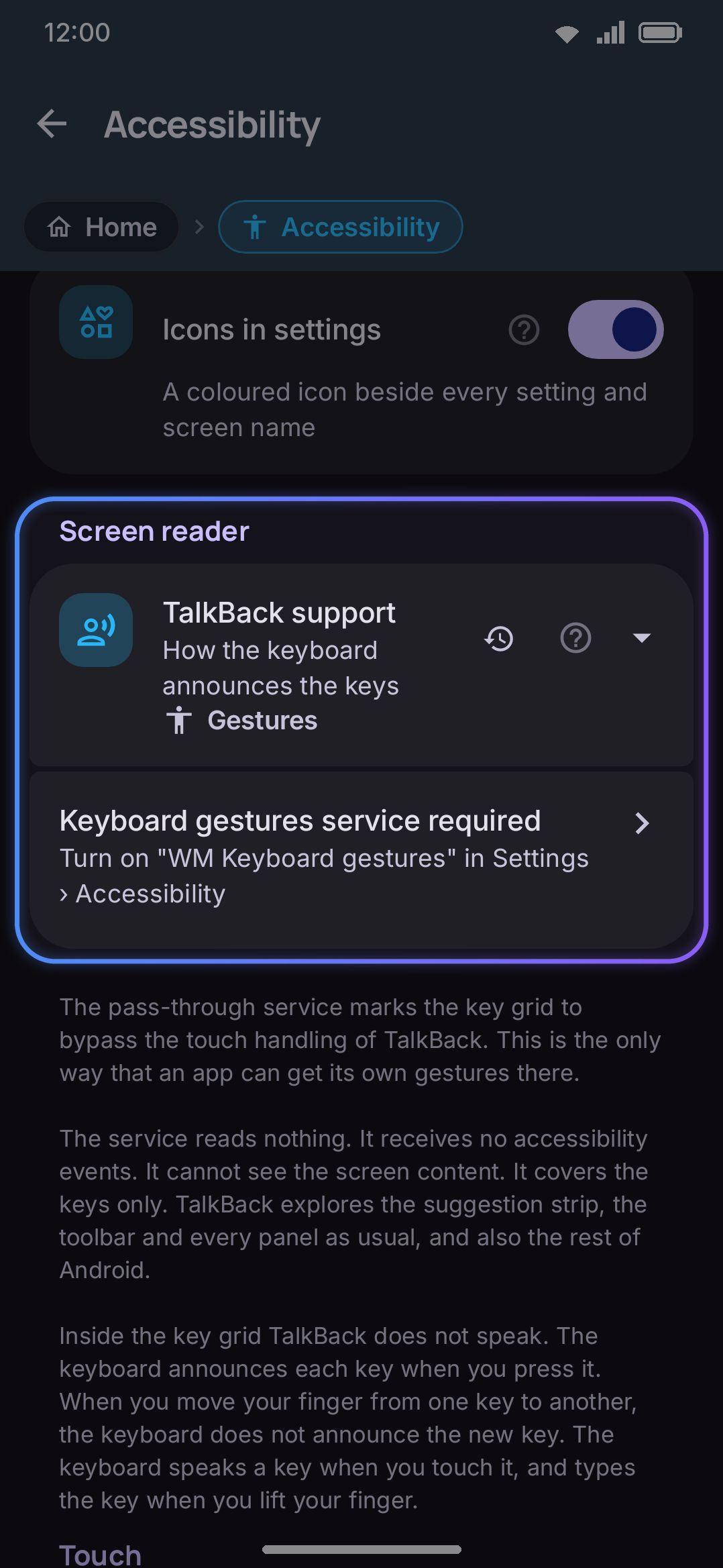 TalkBack support set to Gestures, with the Keyboard gestures service row asking to be granted.