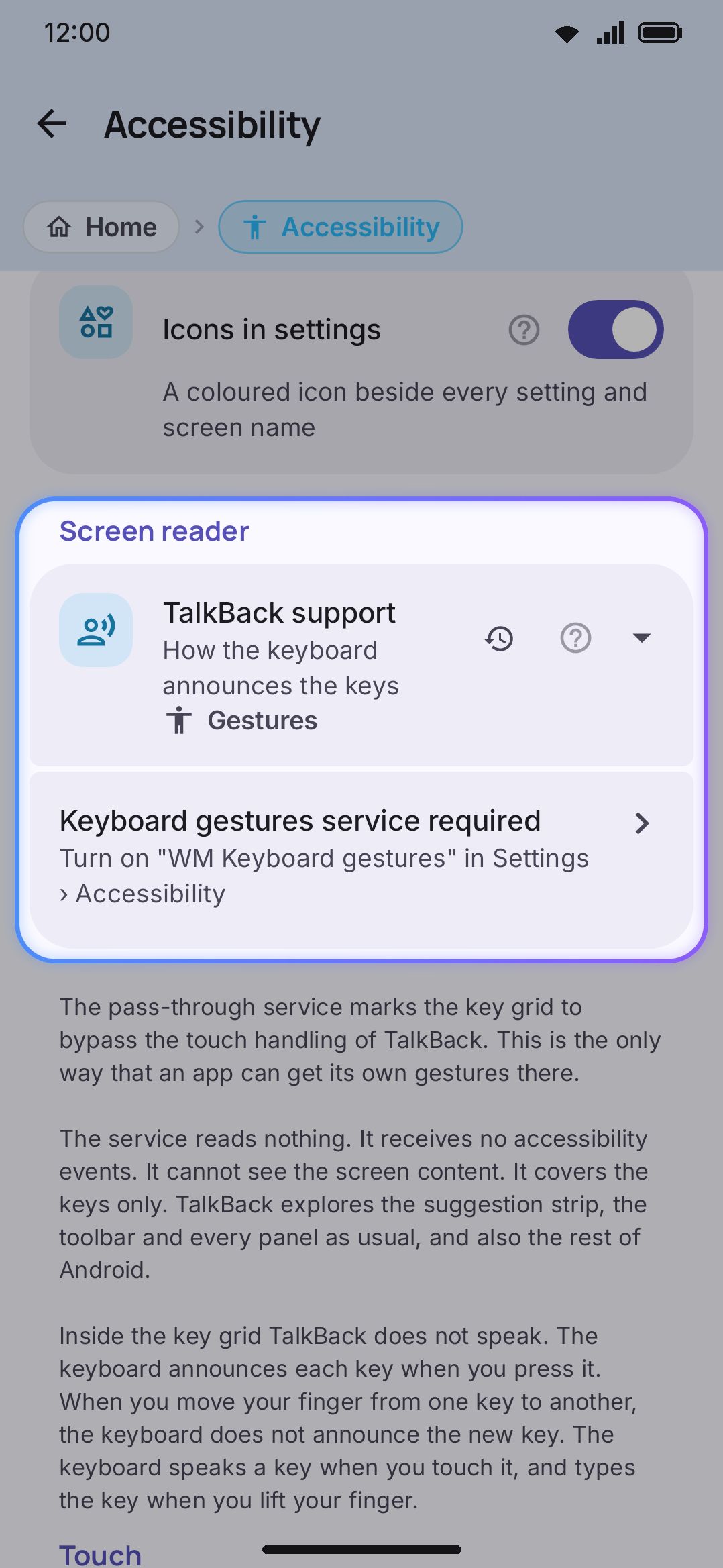 TalkBack support set to Gestures, with the Keyboard gestures service row asking to be granted.