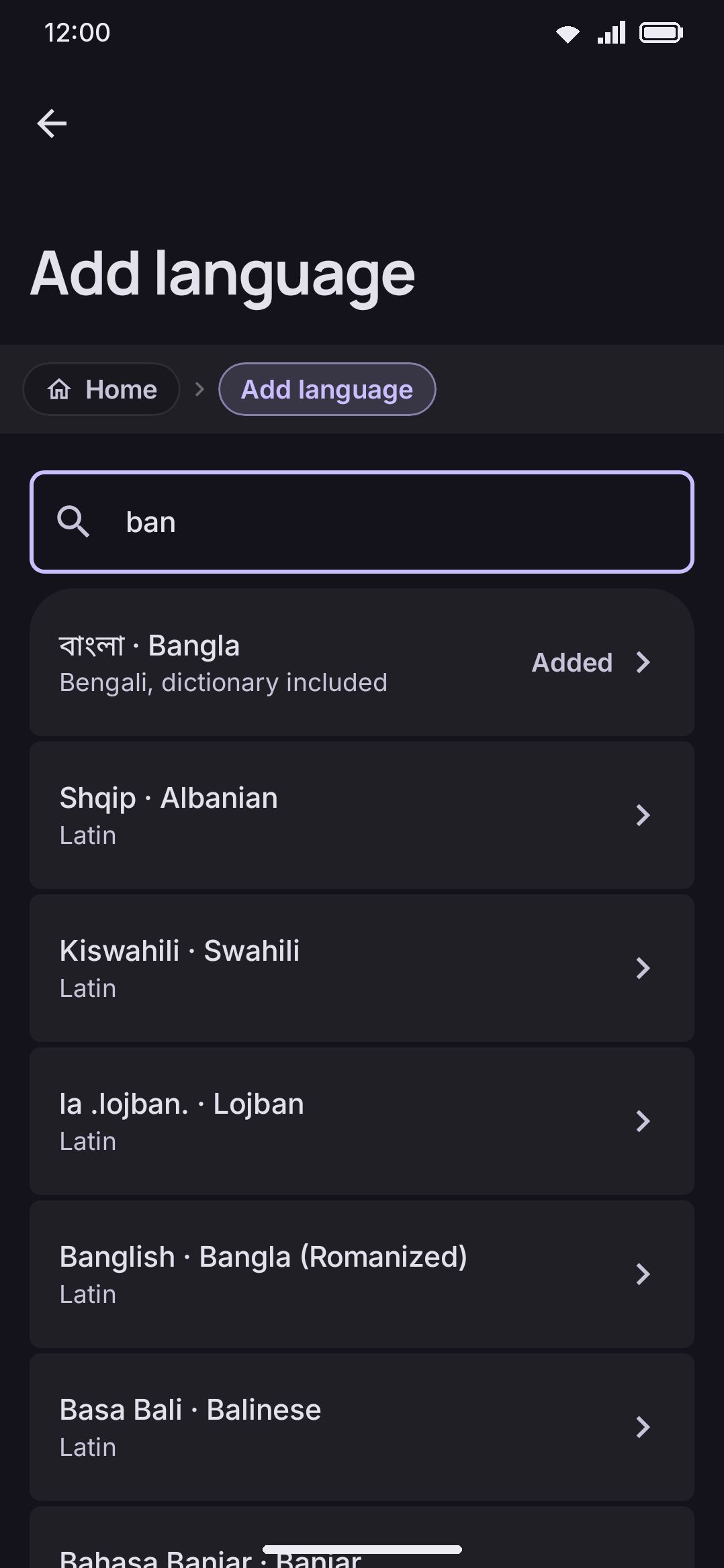 Add language: search matches endonym, English name, id, and locale.