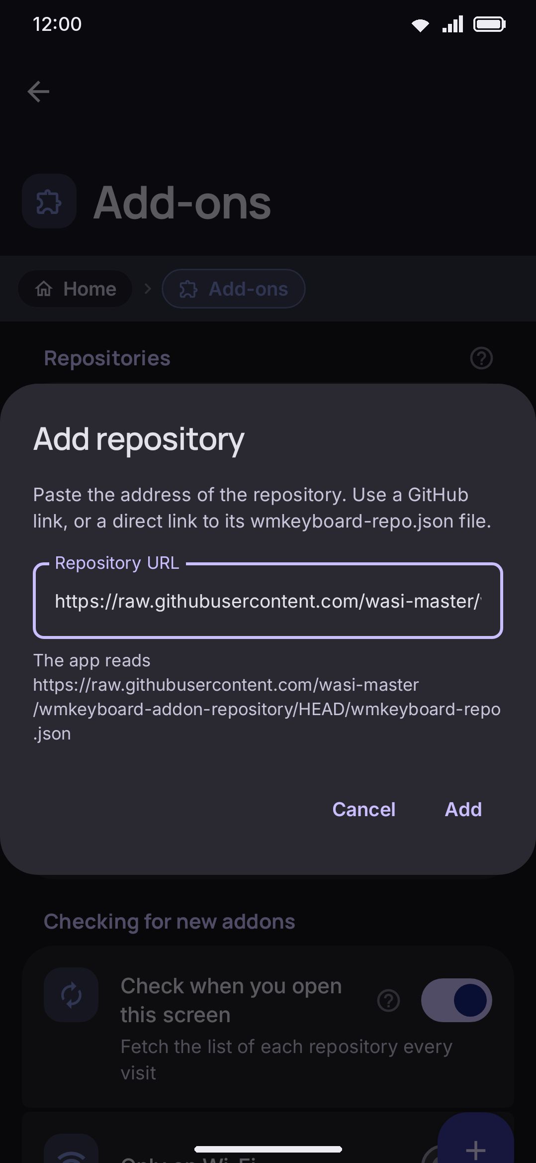 Following a wmkeyboard://repo?url=… link pre-fills the add-repository dialog — nothing is fetched until you tap Add.