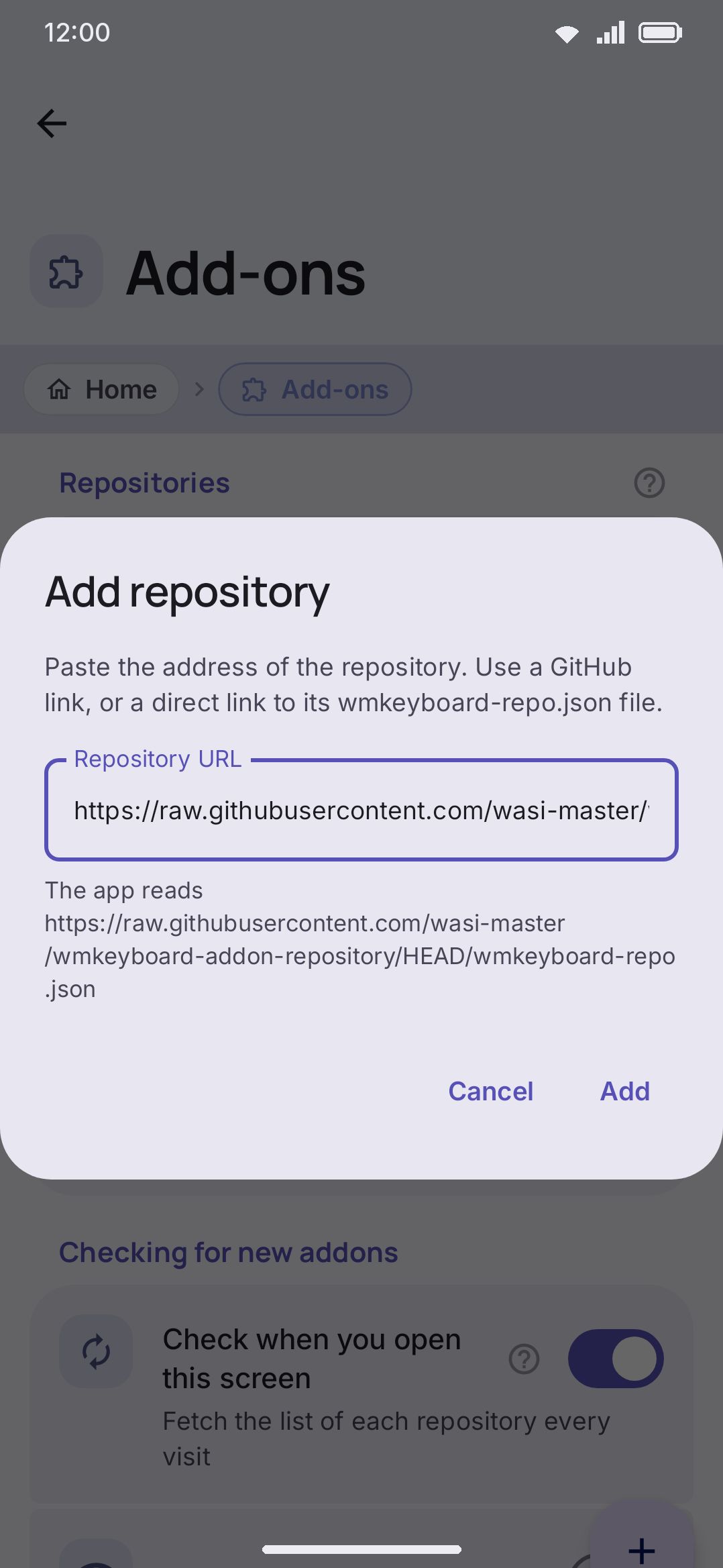 Following a wmkeyboard://repo?url=… link pre-fills the add-repository dialog — nothing is fetched until you tap Add.