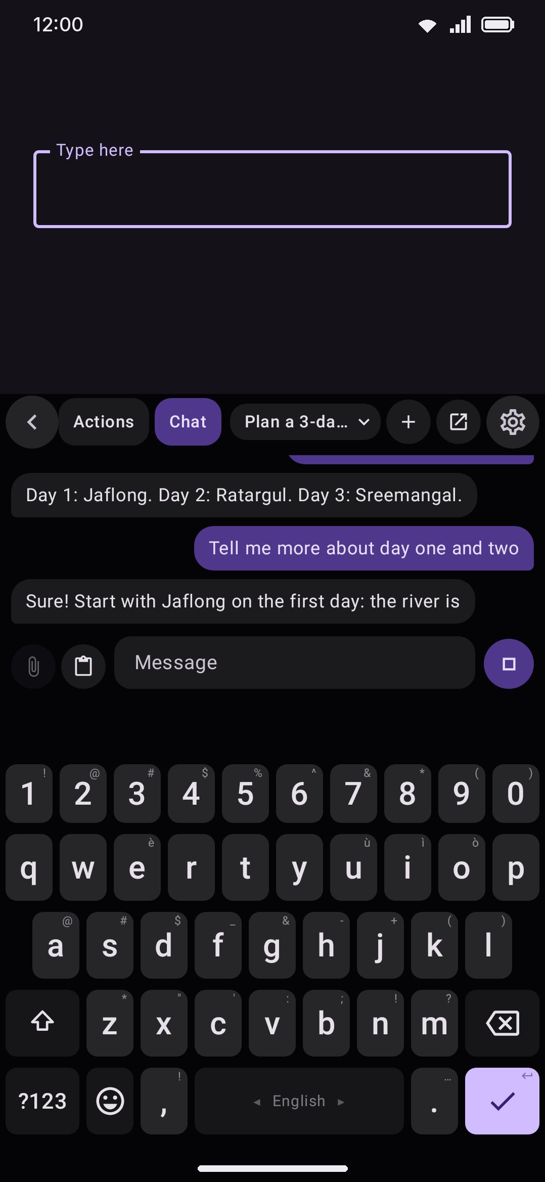 Model chips over a conversation, with an answer streaming in.