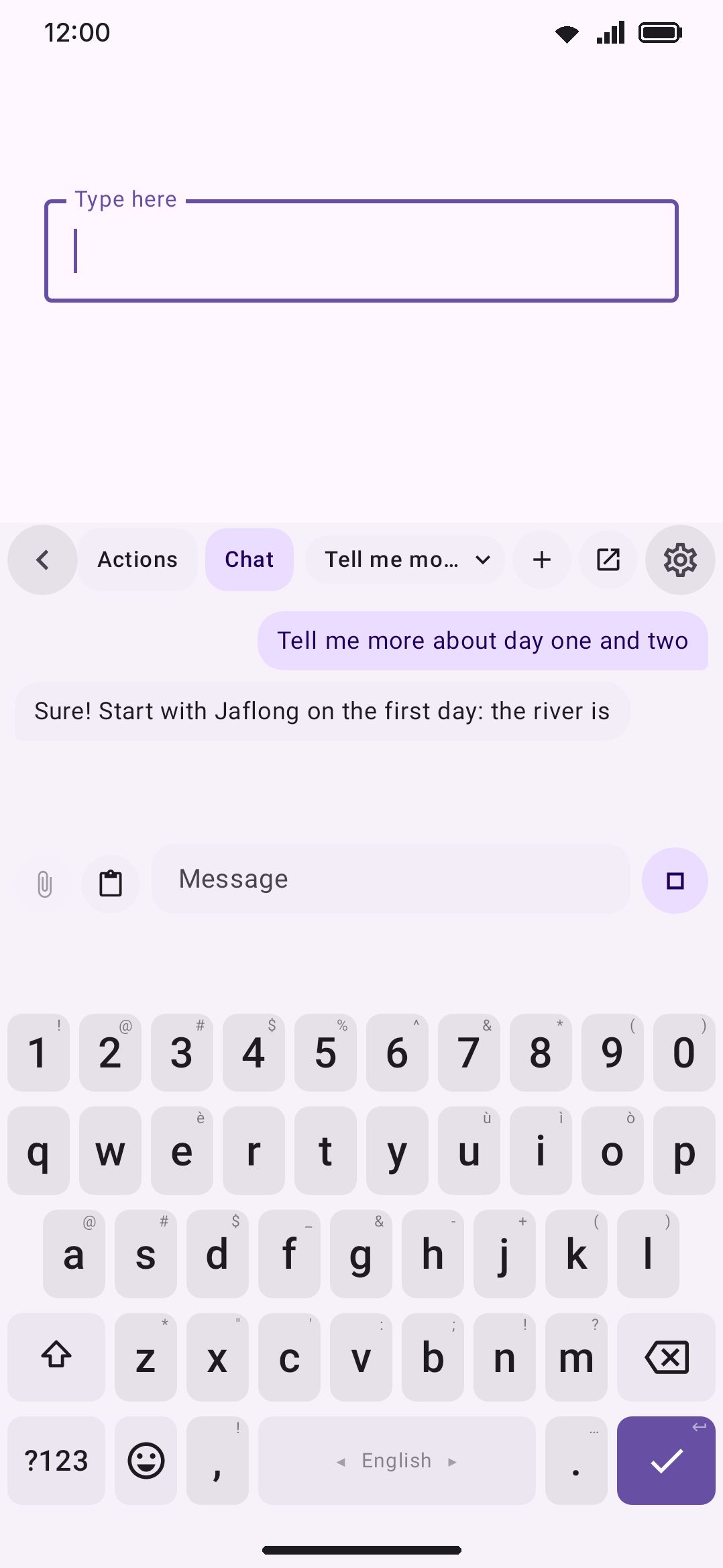 Model chips over a conversation, with an answer streaming in.