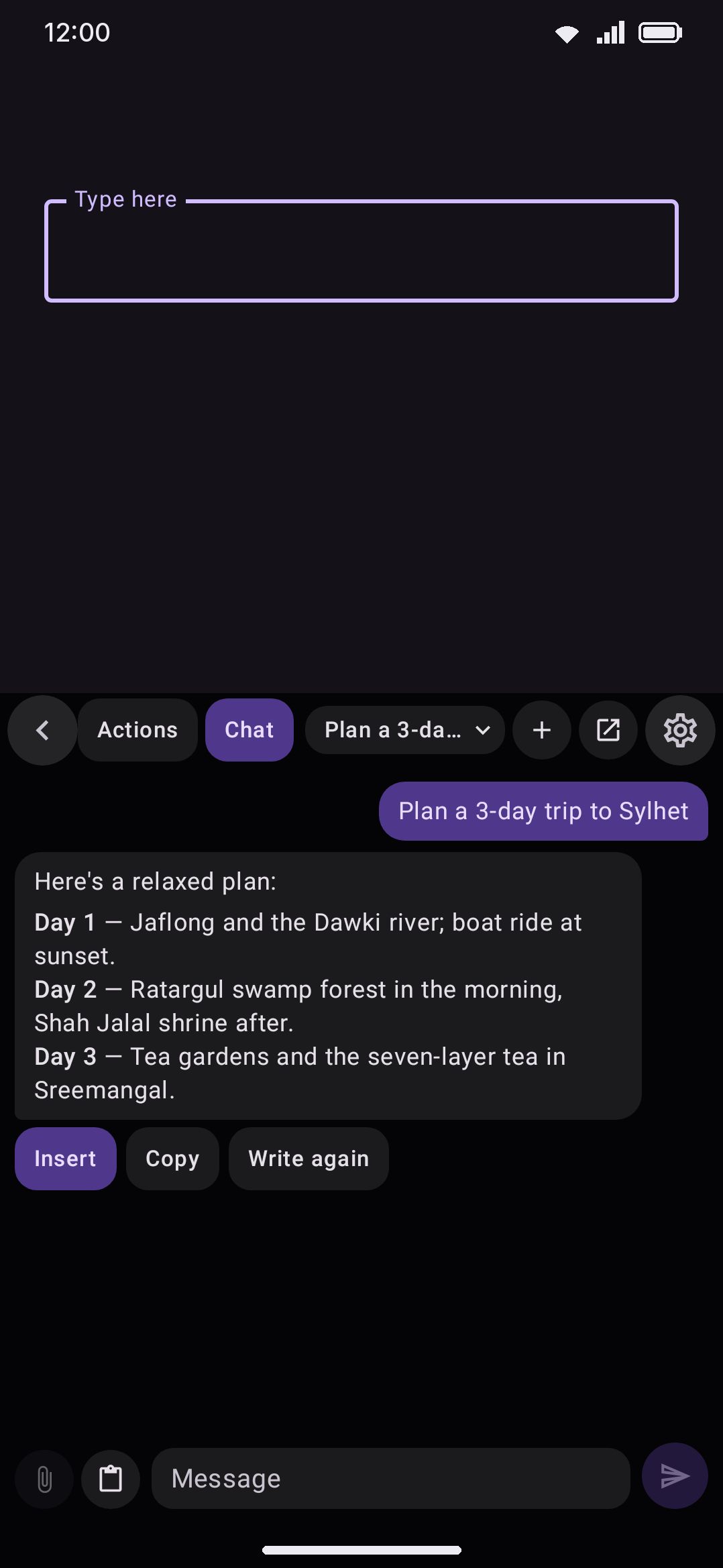 Chat mode on the AI panel: the conversation, the newest answer's buttons, and the composer.