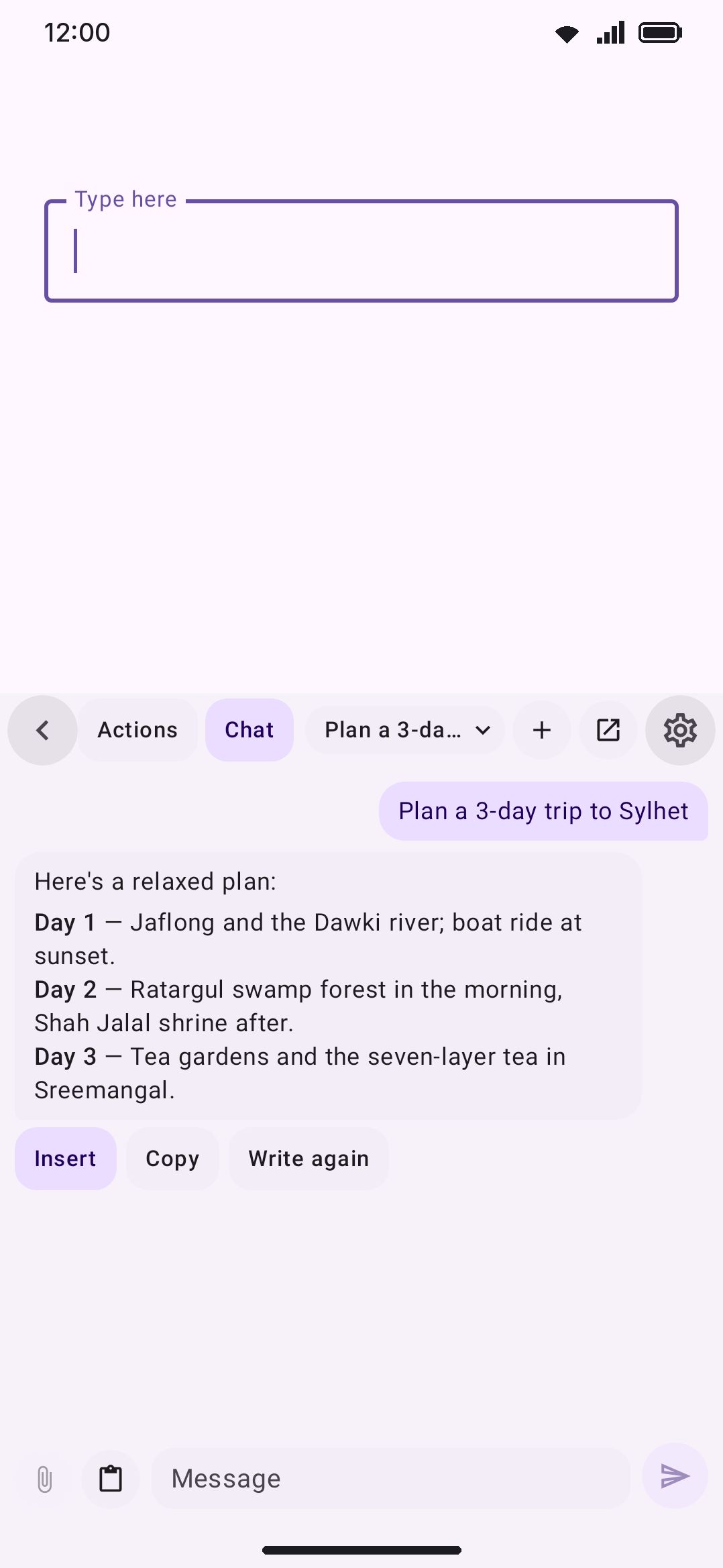Chat mode on the AI panel: the conversation, the newest answer's buttons, and the composer.