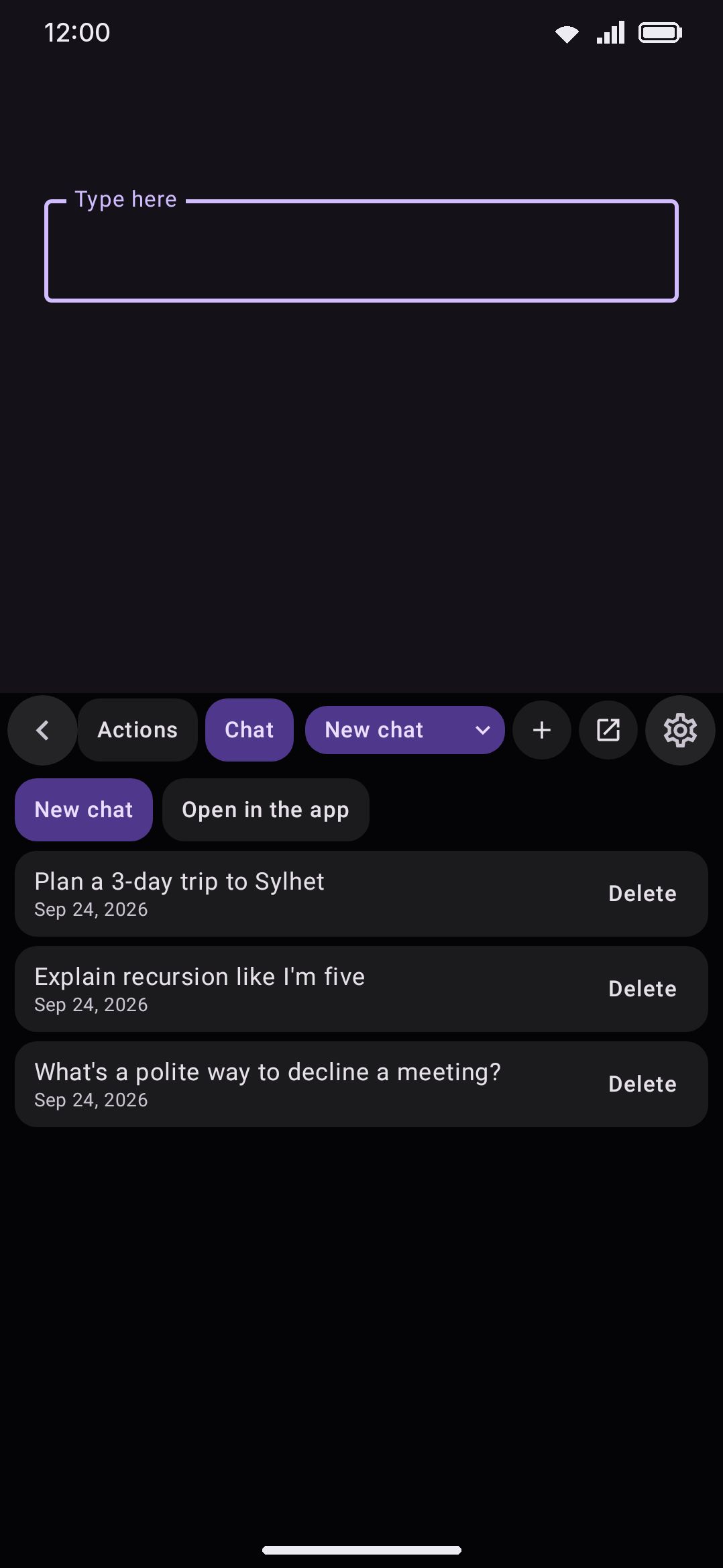 The conversation list, newest first, with the New chat button at the top.