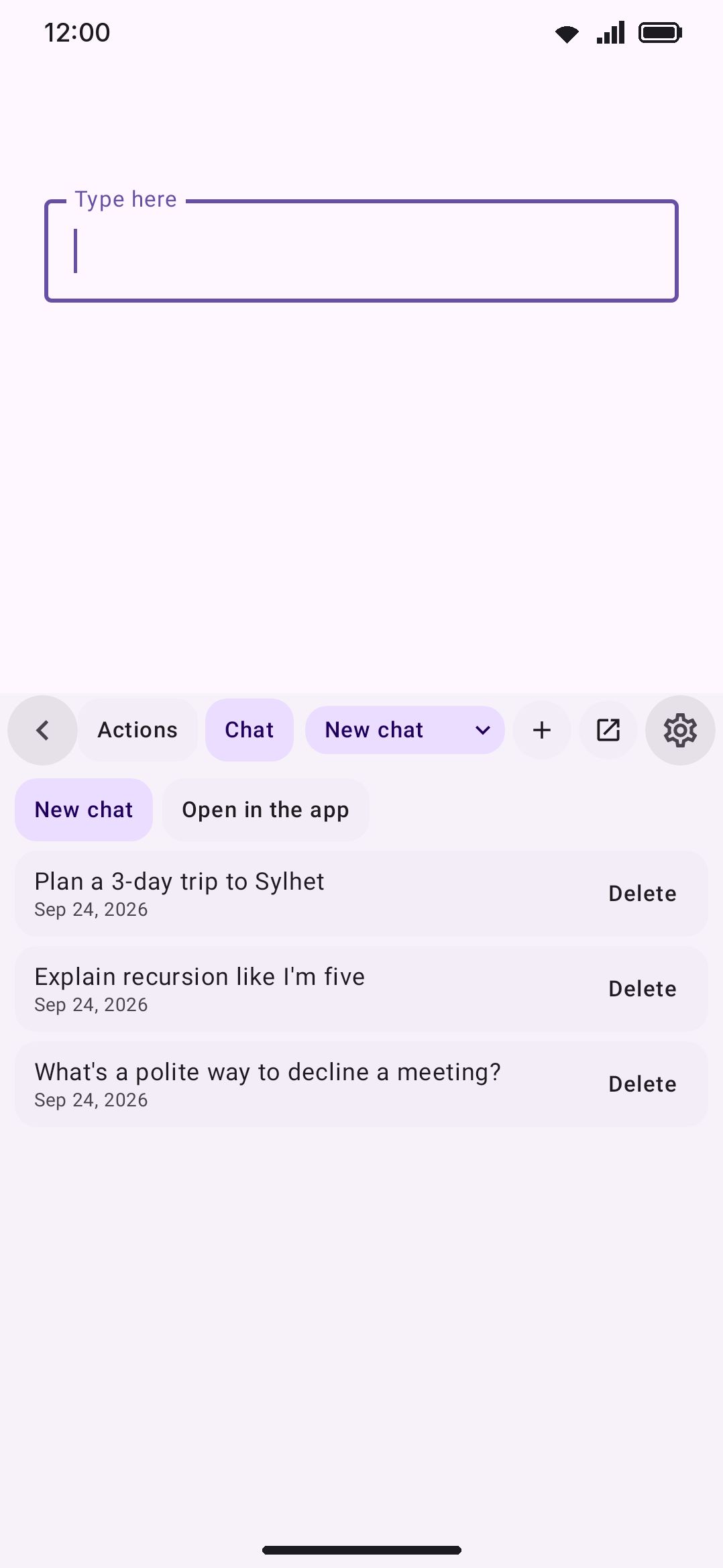 The conversation list, newest first, with the New chat button at the top.