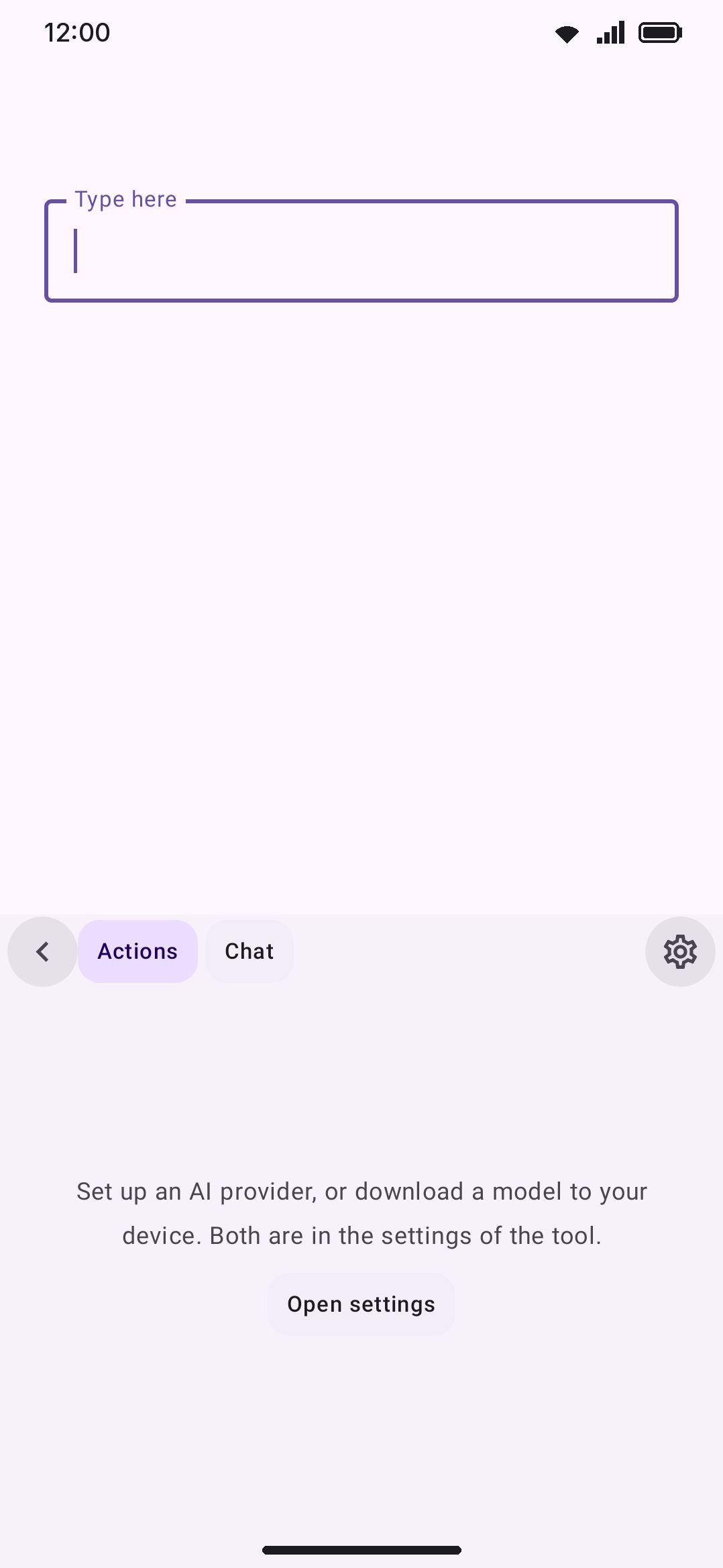 The AI panel's empty state, before any provider or local model is set up.