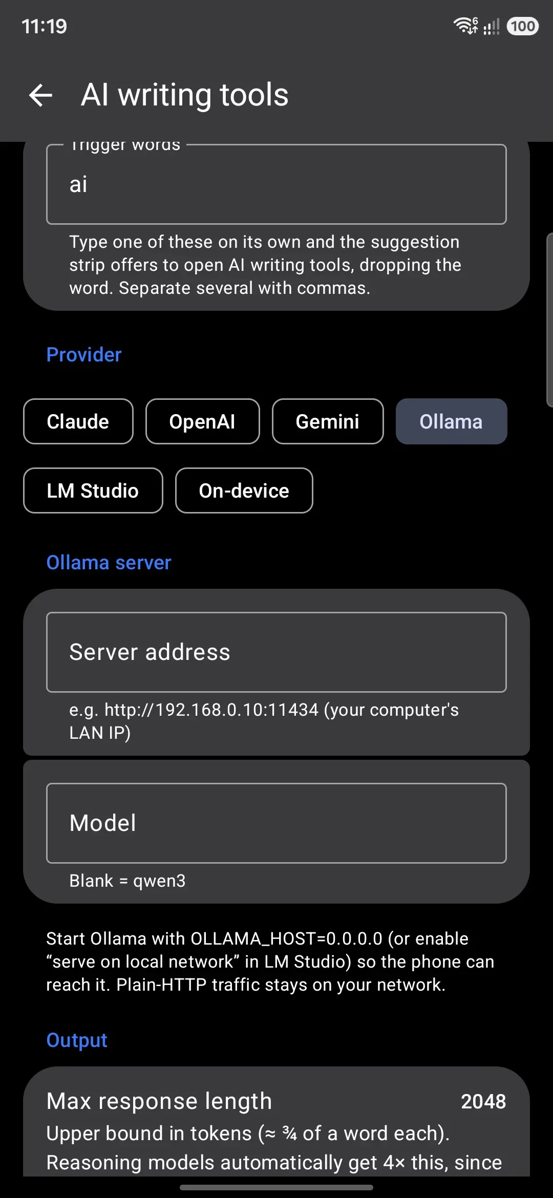 AI tool settings: a self-hosted Ollama or LM Studio server address, with the plain-HTTP disclosure below it.