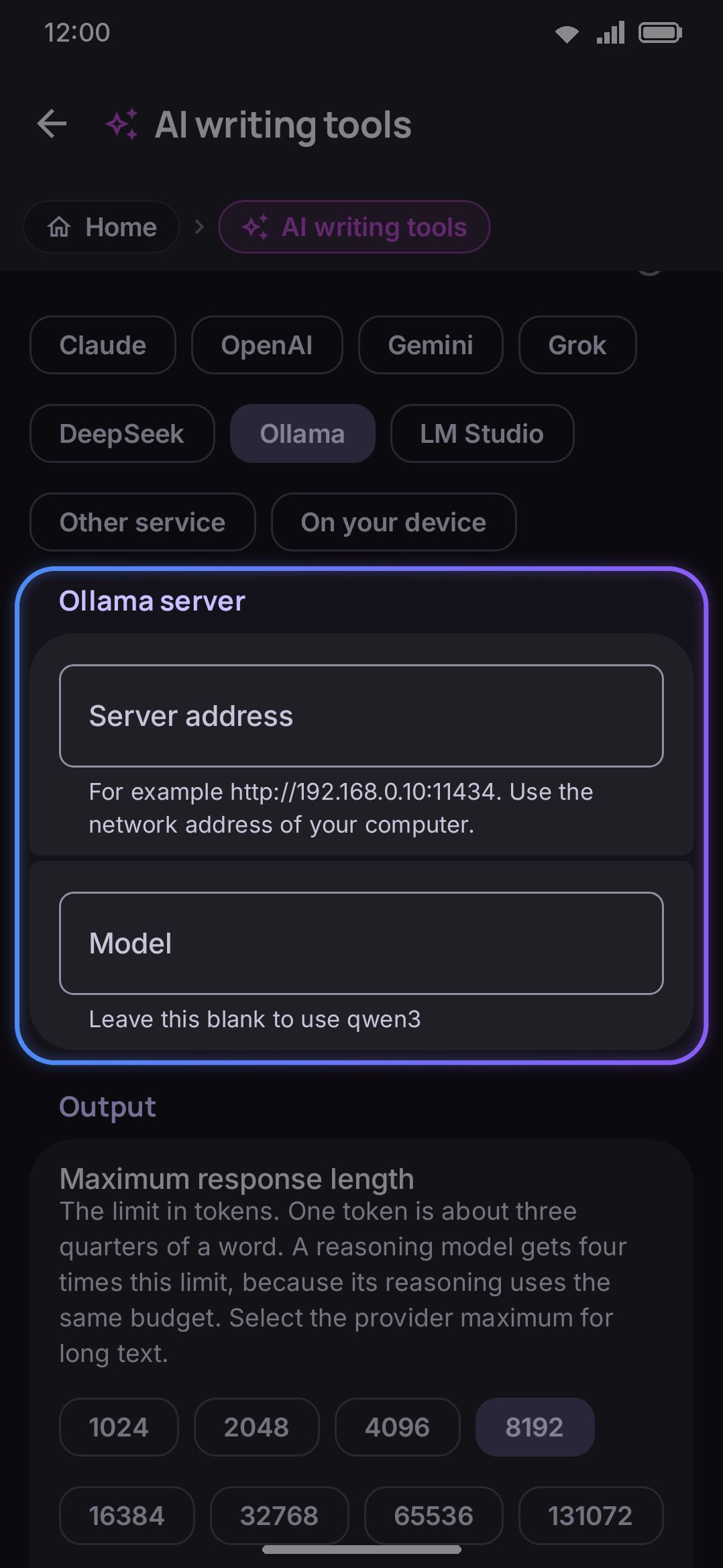AI tool settings: a self-hosted Ollama or LM Studio server address, with the plain-HTTP disclosure below it.