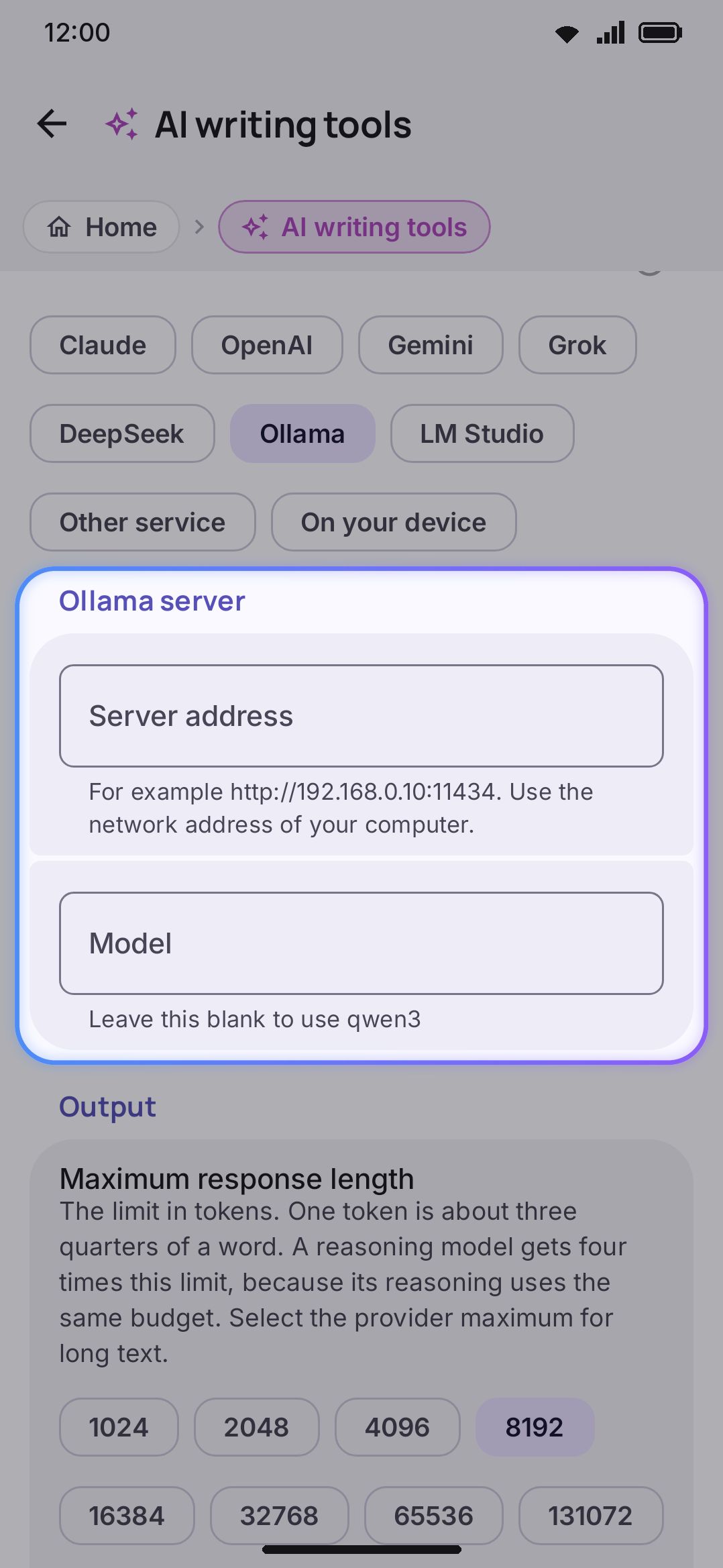 AI tool settings: a self-hosted Ollama or LM Studio server address, with the plain-HTTP disclosure below it.