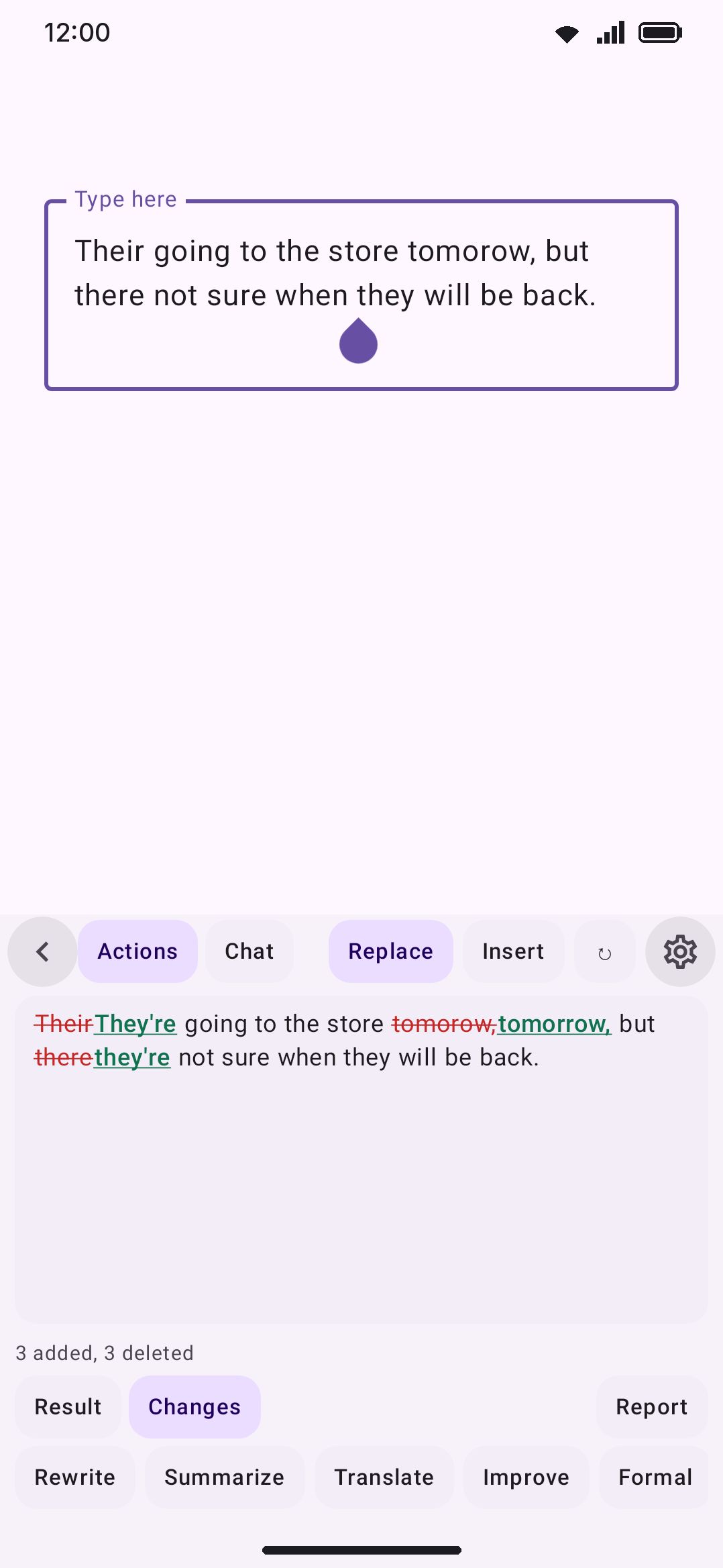 A Fix grammar result in the Changes view, with the old spellings struck through.
