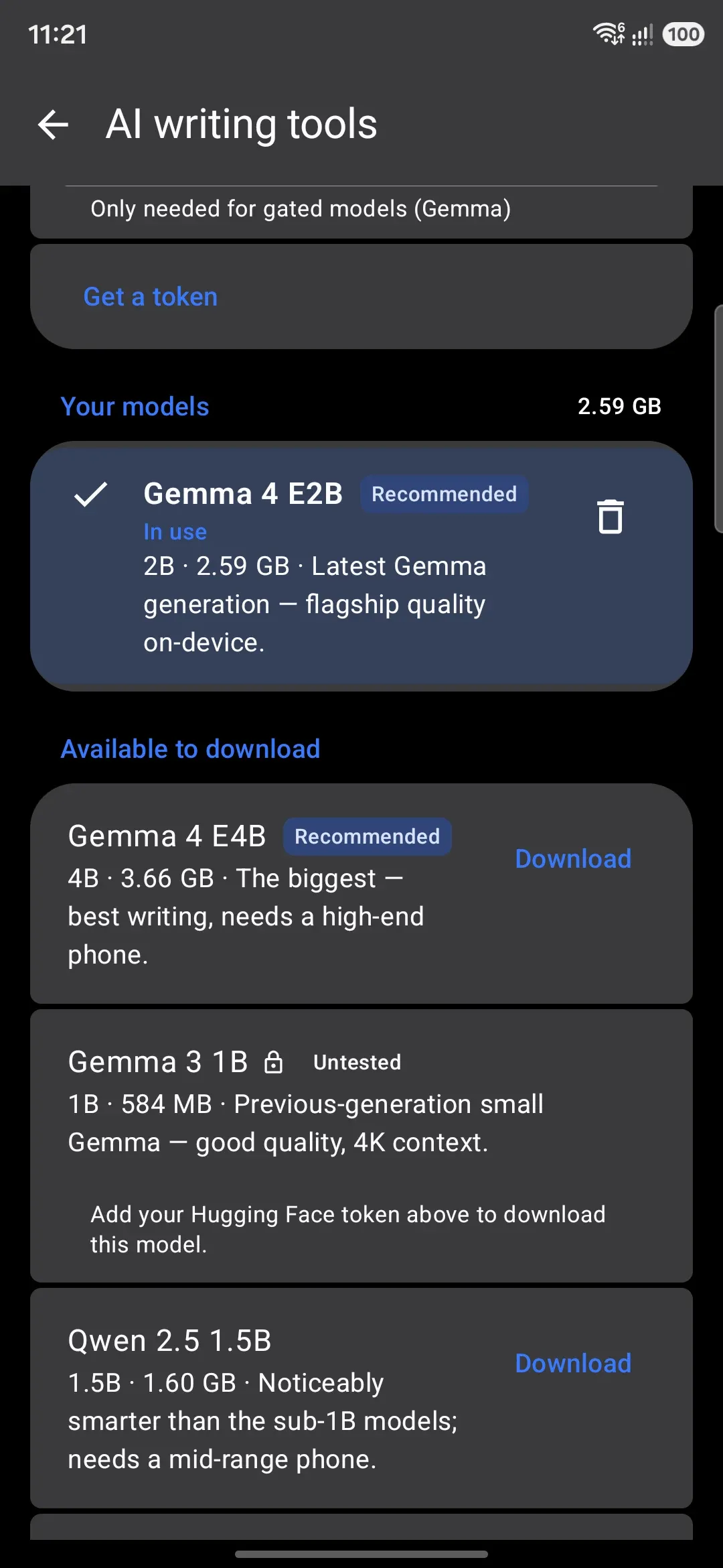 The on-device model catalog, with tier badges and a size/RAM subtitle per model.
