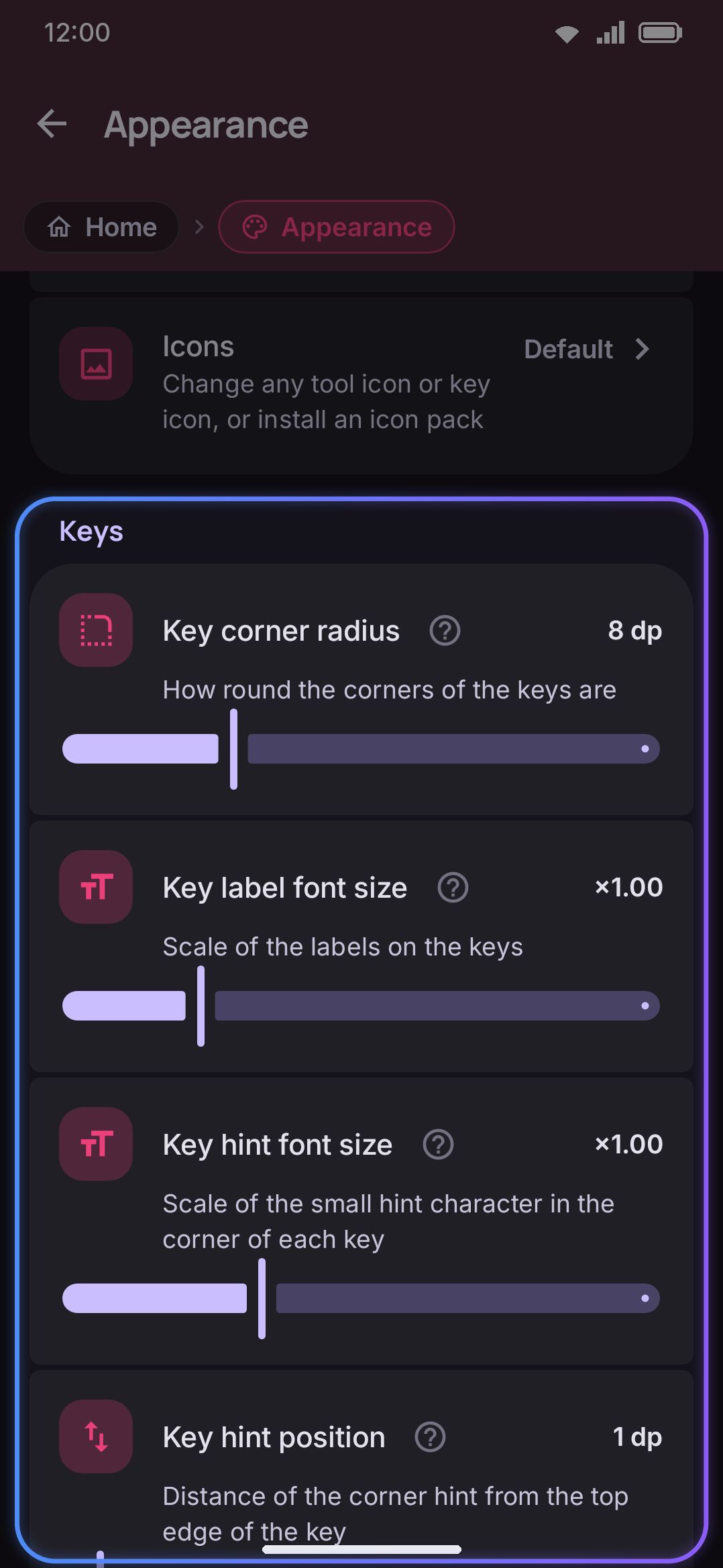 The Keys sliders — corner radius, label size, and hint size.