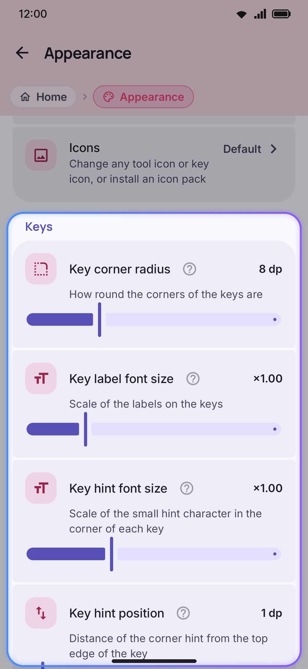 The Keys sliders — corner radius, label size, and hint size.