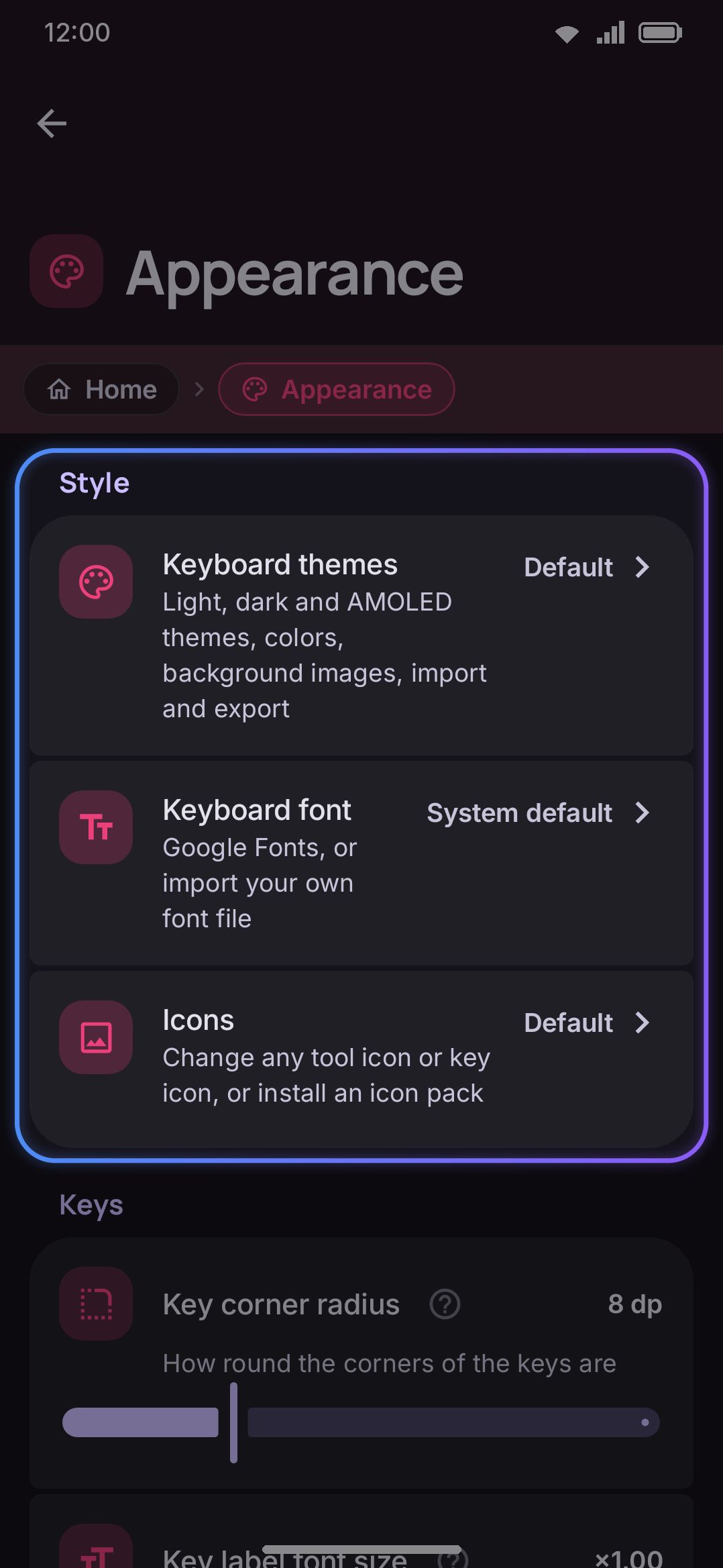 The Appearance settings screen, showing Style, Keys, and Toolbar.