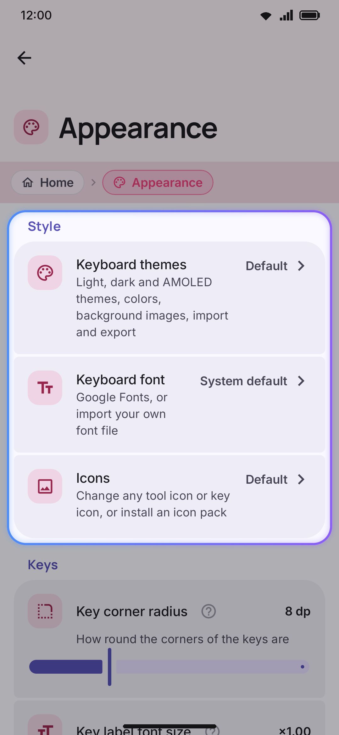 The Appearance settings screen, showing Style, Keys, and Toolbar.