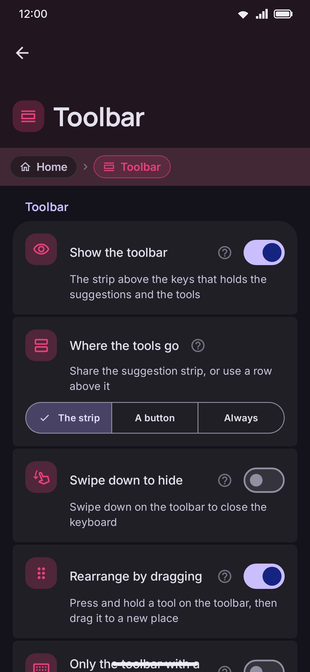 The Toolbar group, with the confirmation dialog for turning the toolbar off.