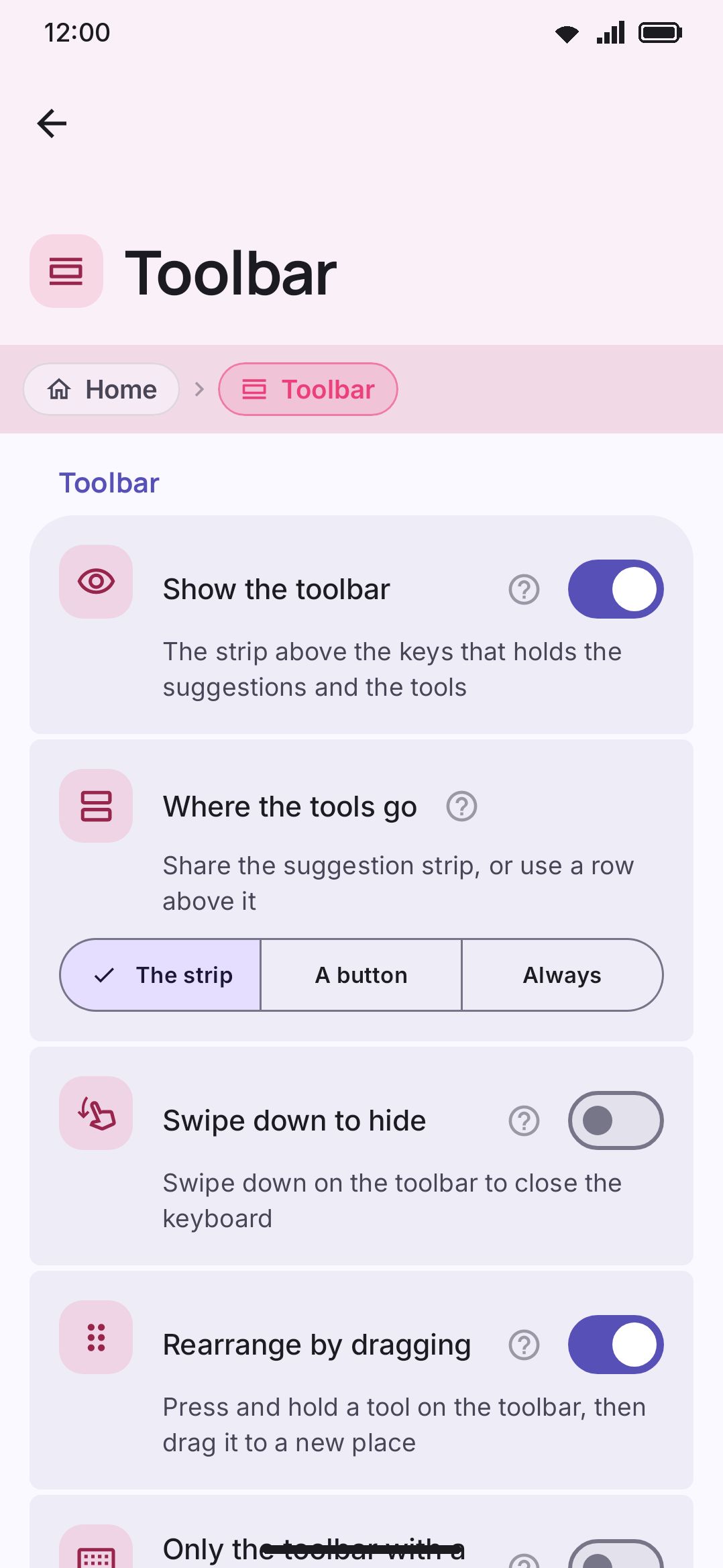 The Toolbar group, with the confirmation dialog for turning the toolbar off.