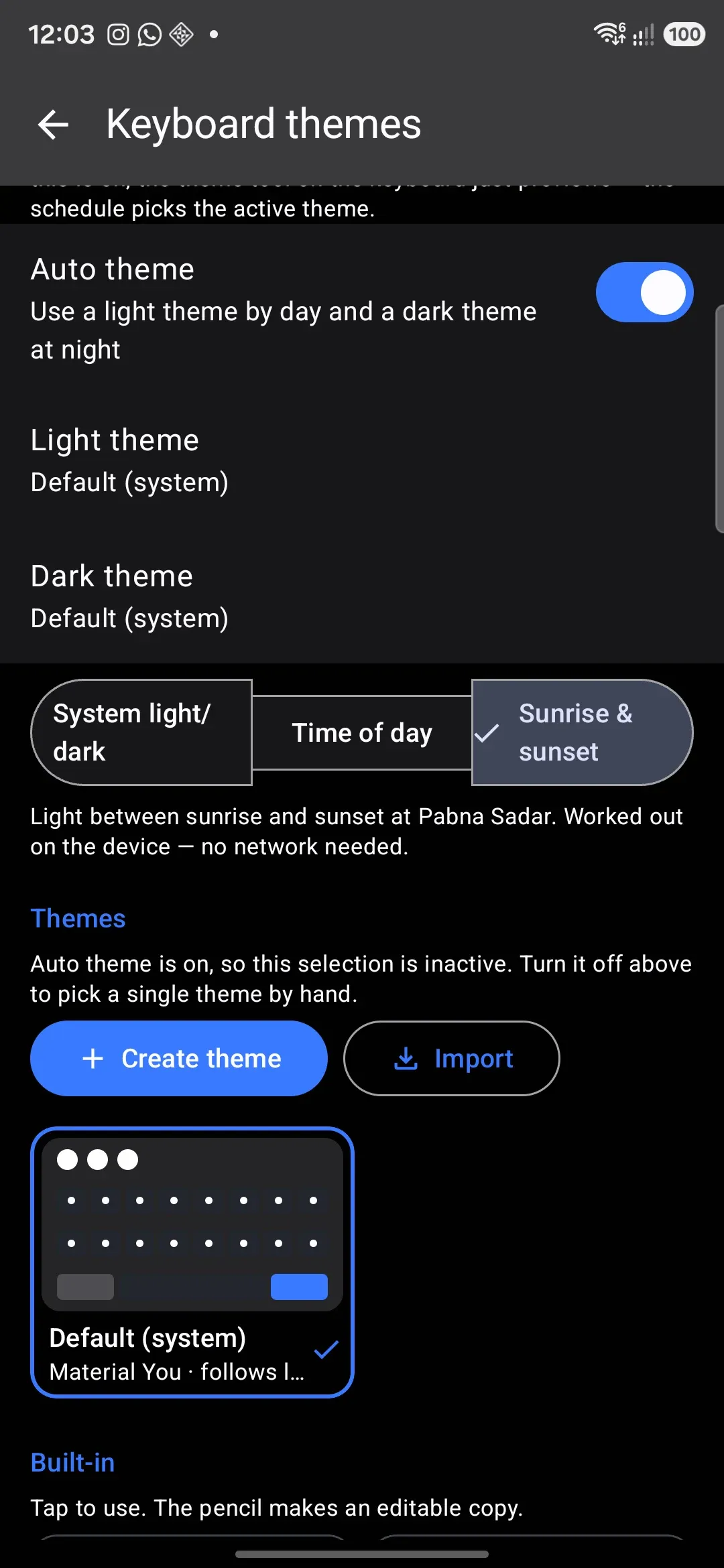 Auto theme on, with Sunrise & sunset chosen as the trigger.