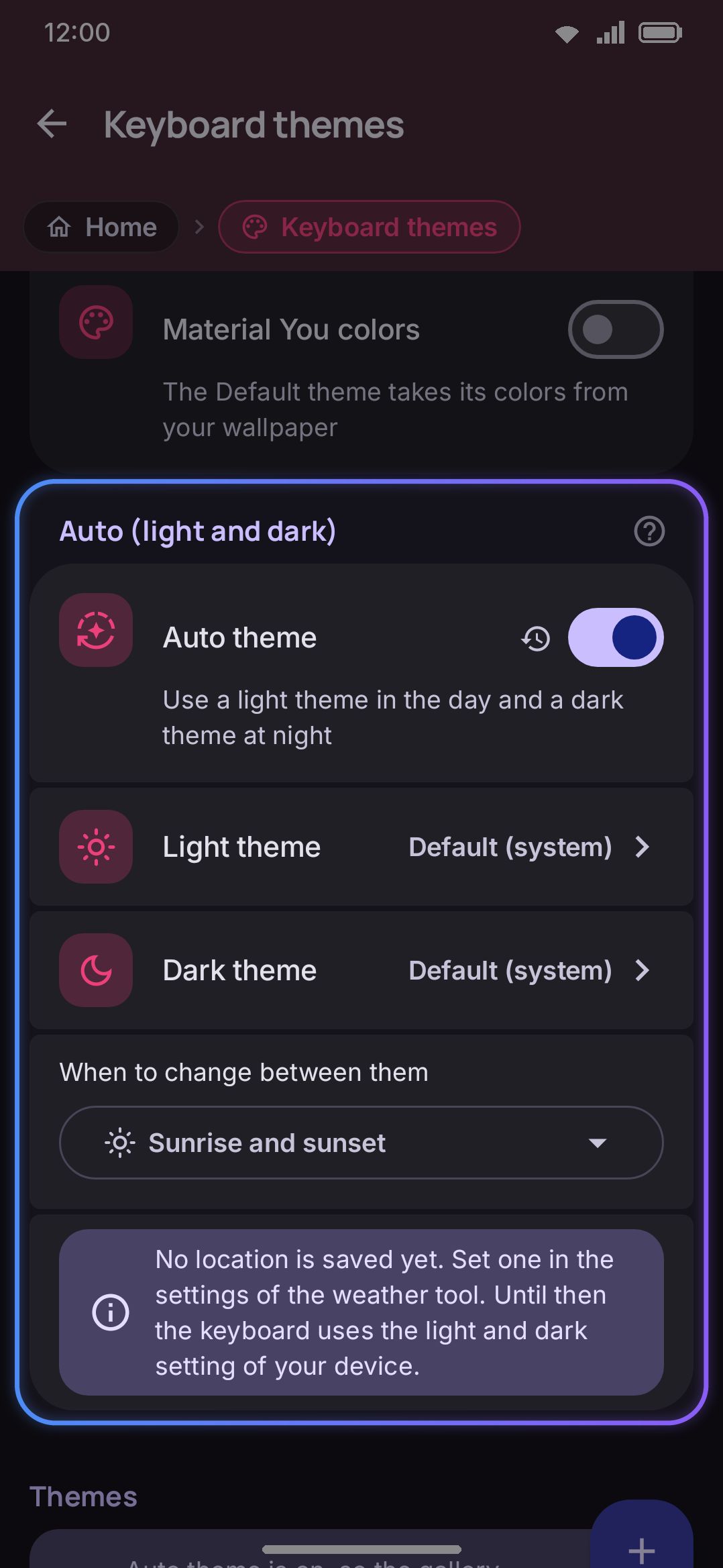 Auto theme on, with Sunrise & sunset chosen as the trigger.