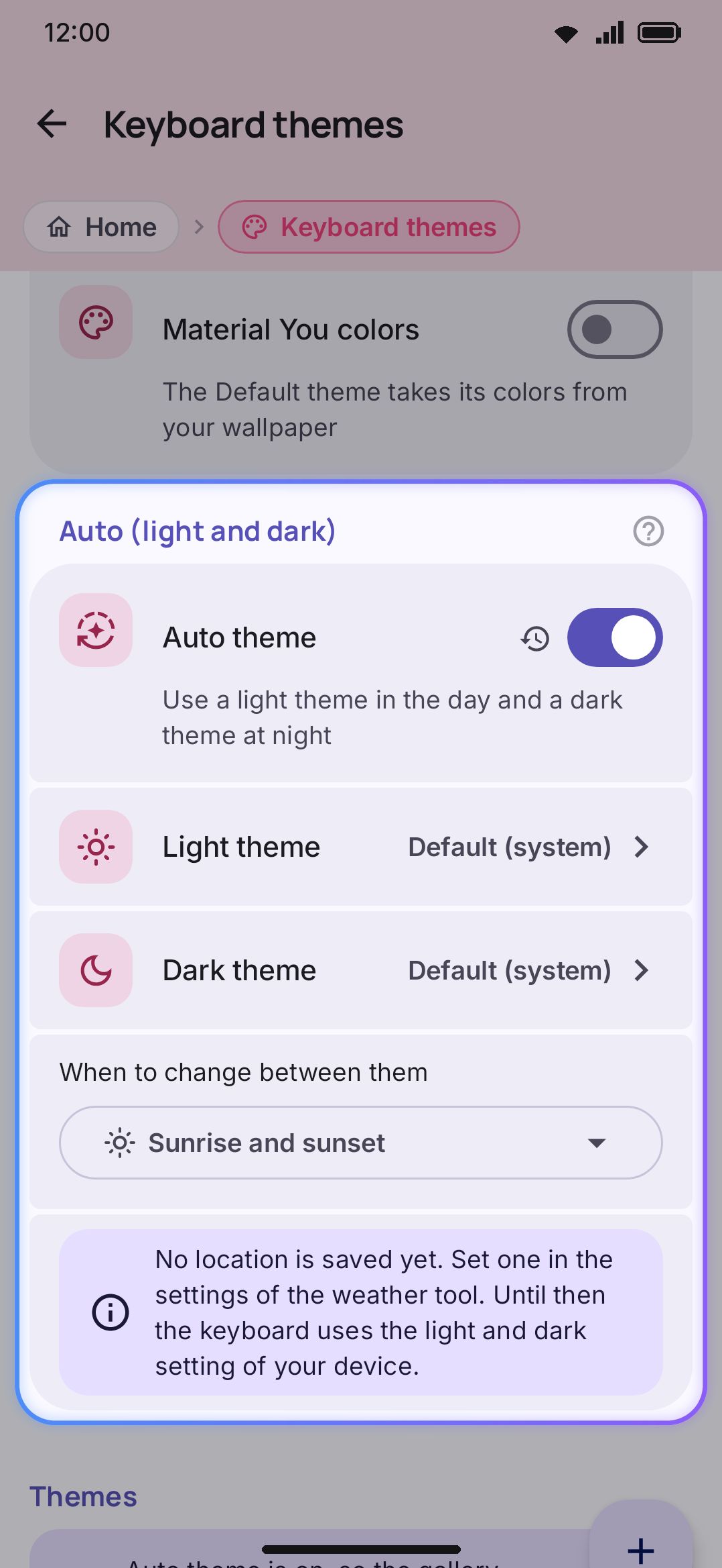 Auto theme on, with Sunrise & sunset chosen as the trigger.