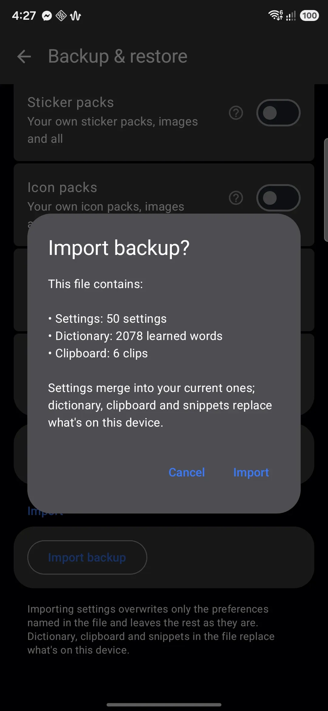 The import confirmation, listing what a backup file contains before anything is applied.