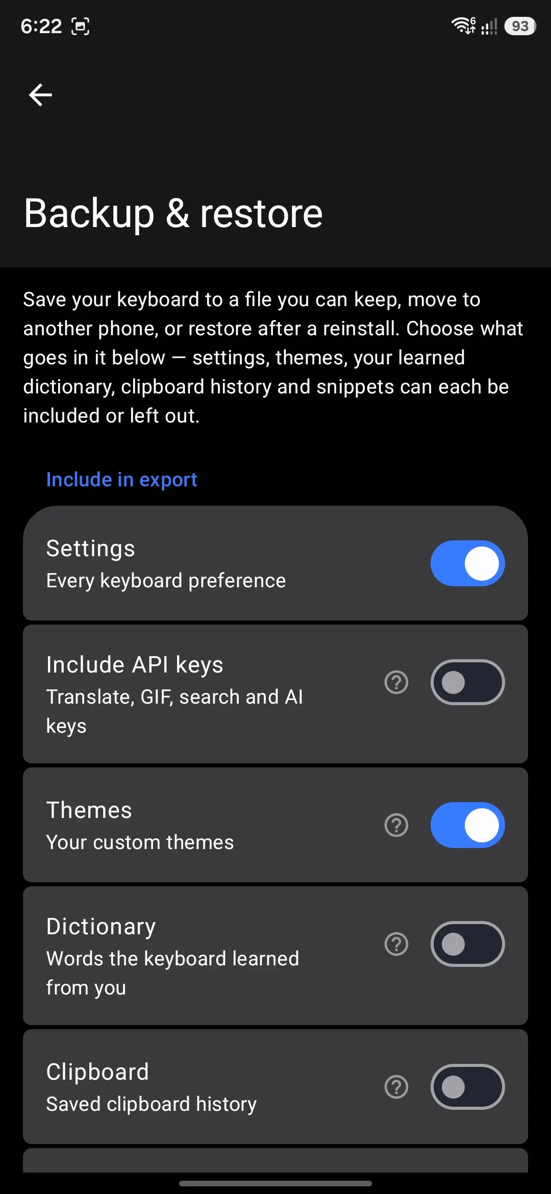 The Backup & restore screen: what to include, plus the export and import buttons.