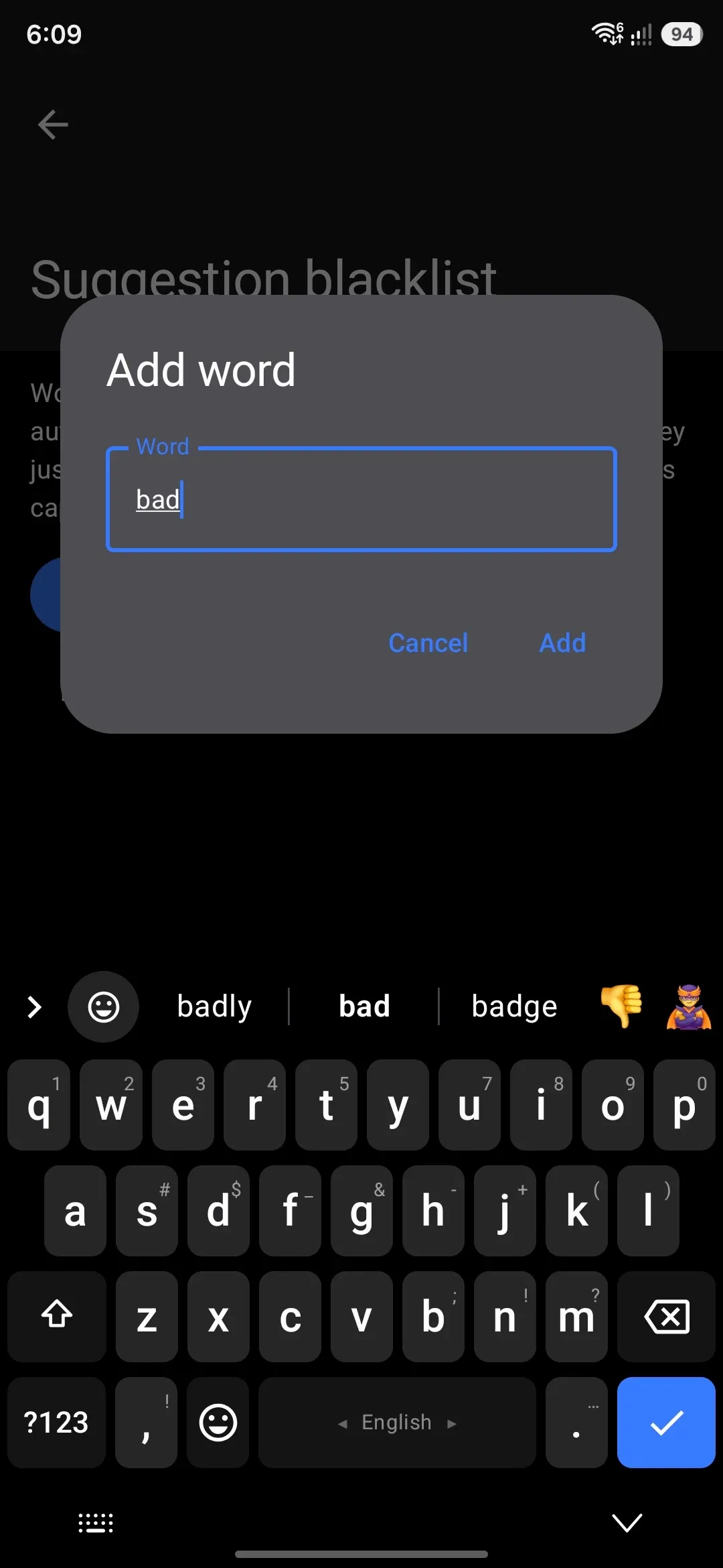 Adding a word to the blacklist from the Add word dialog.