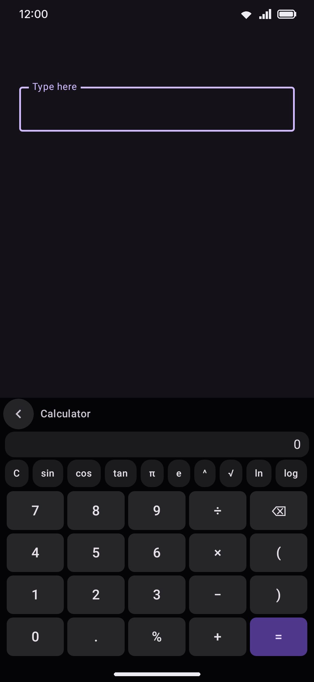 The Calculator panel: live expression and result, the scientific function row, and the custom digit keypad.