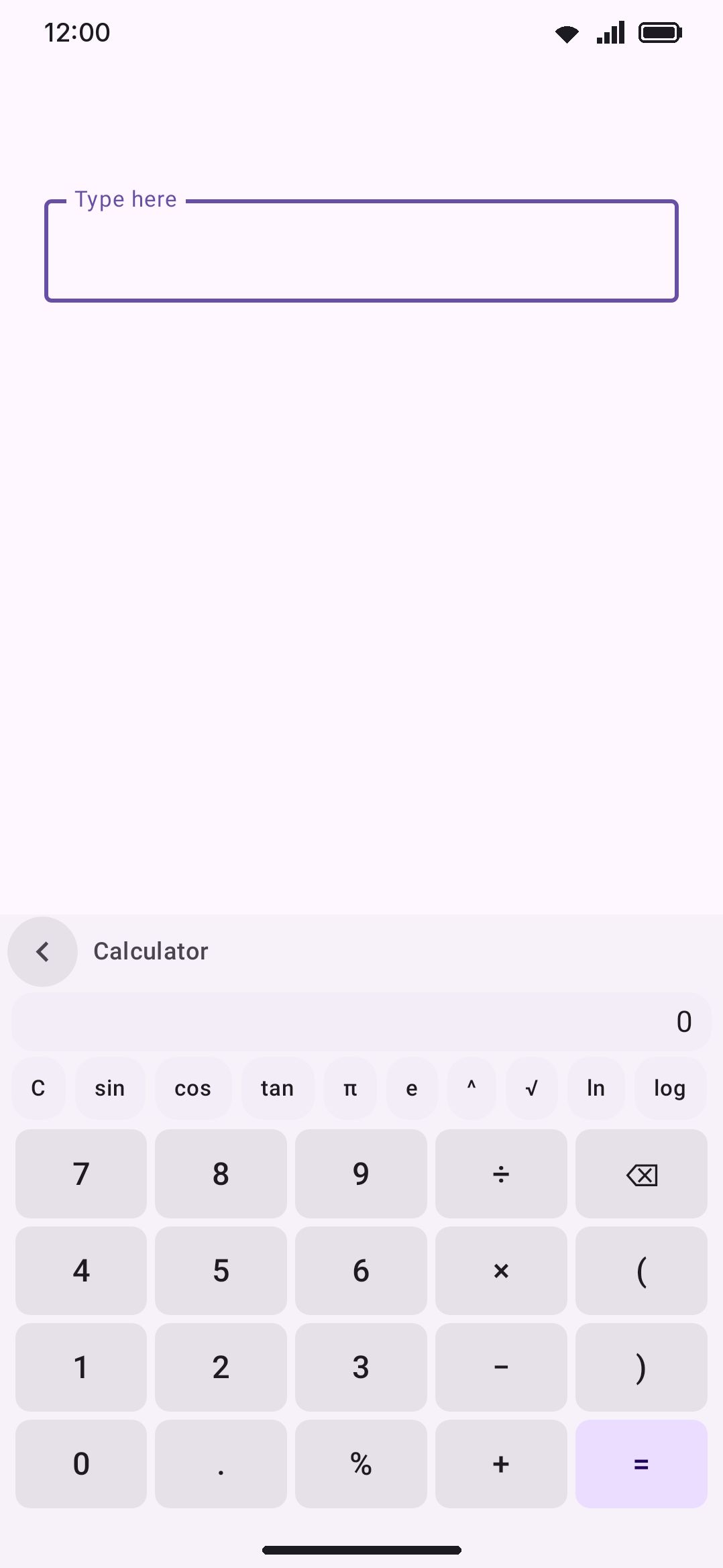 The Calculator panel: live expression and result, the scientific function row, and the custom digit keypad.