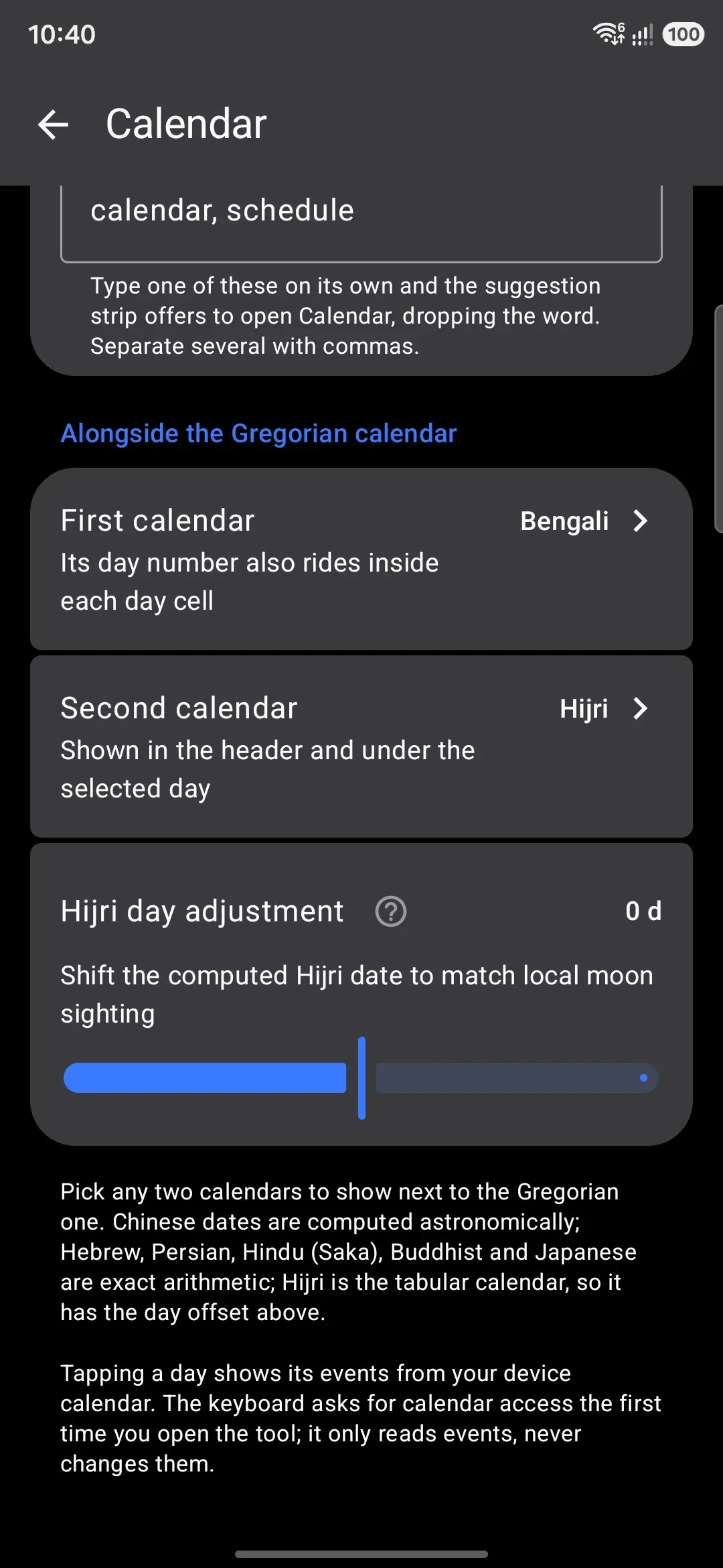 Calendar options: the two calendar pickers, the weekend picker, and the Hijri day adjustment slider.