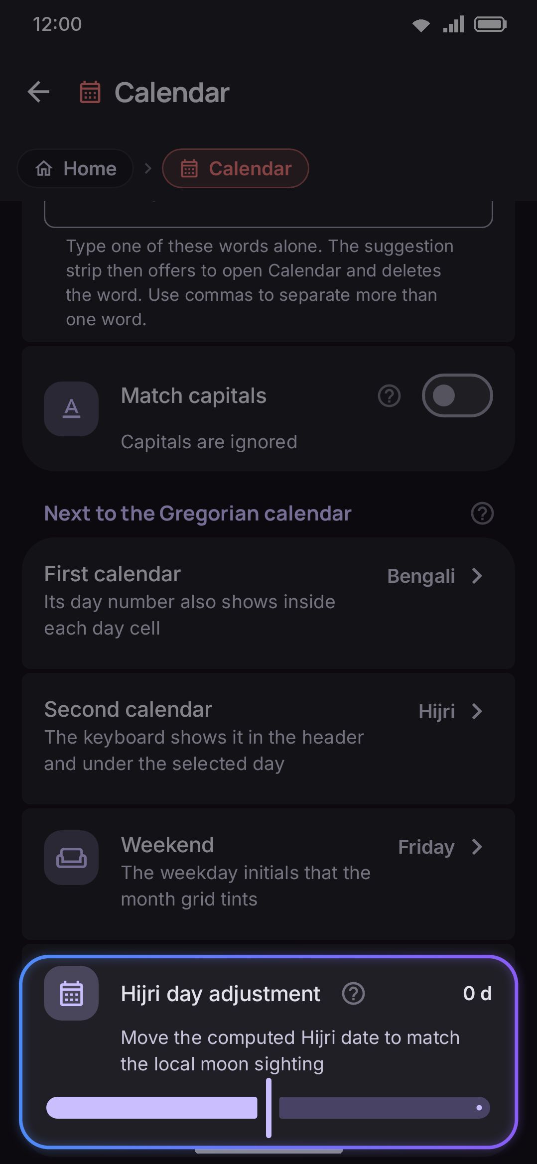 Calendar options: First and second calendar pickers, and the Hijri day adjustment slider.