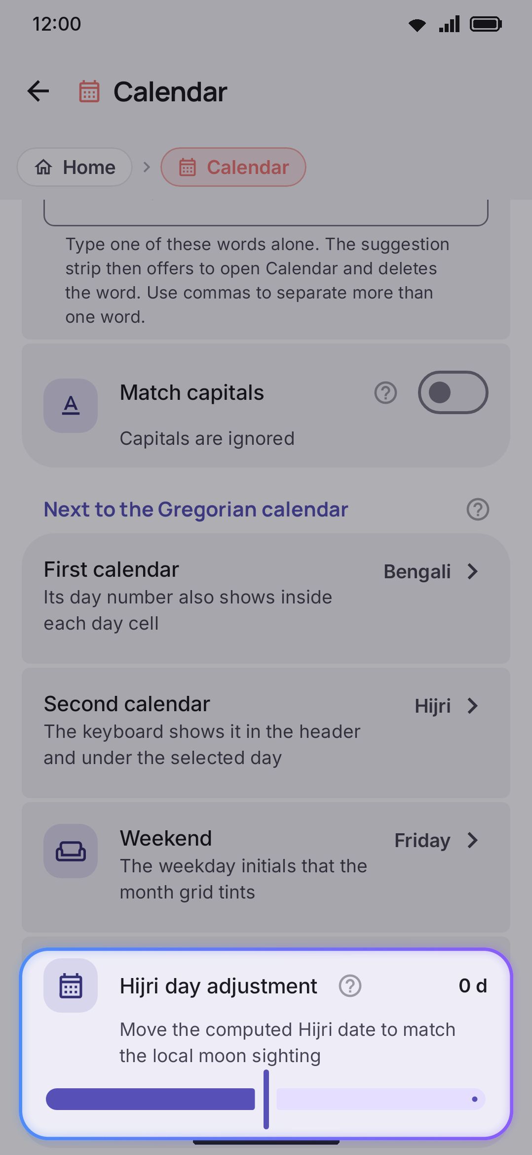 Calendar options: First and second calendar pickers, and the Hijri day adjustment slider.