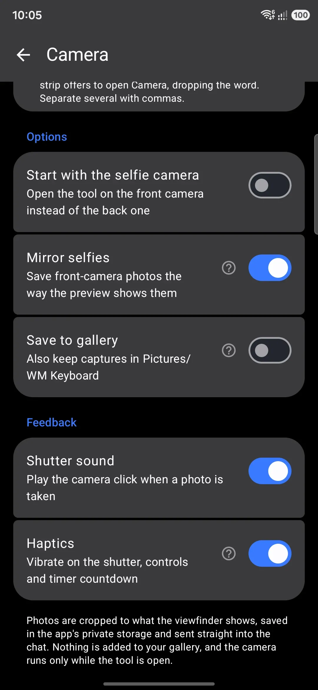 Camera's Options screen: selfie camera, mirroring, gallery saving, shutter sound and haptics.