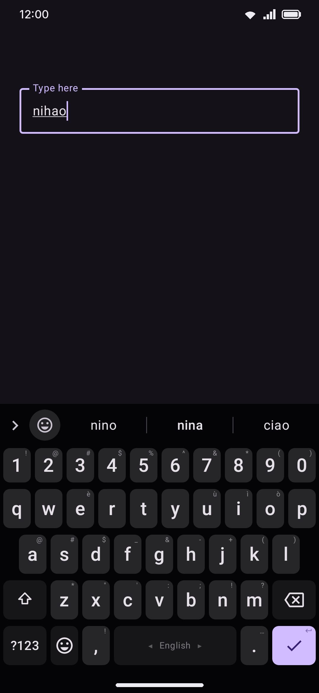 Chinese Pinyin: the candidate strip replaces the usual word-suggestion row while you're composing a reading.