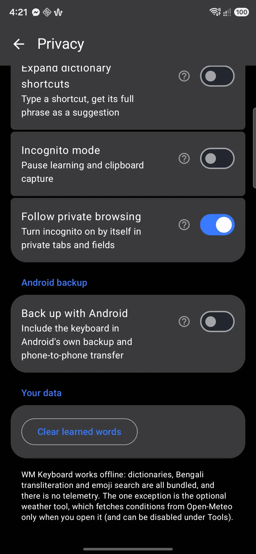 Clear learned words, under Privacy → Your data.
