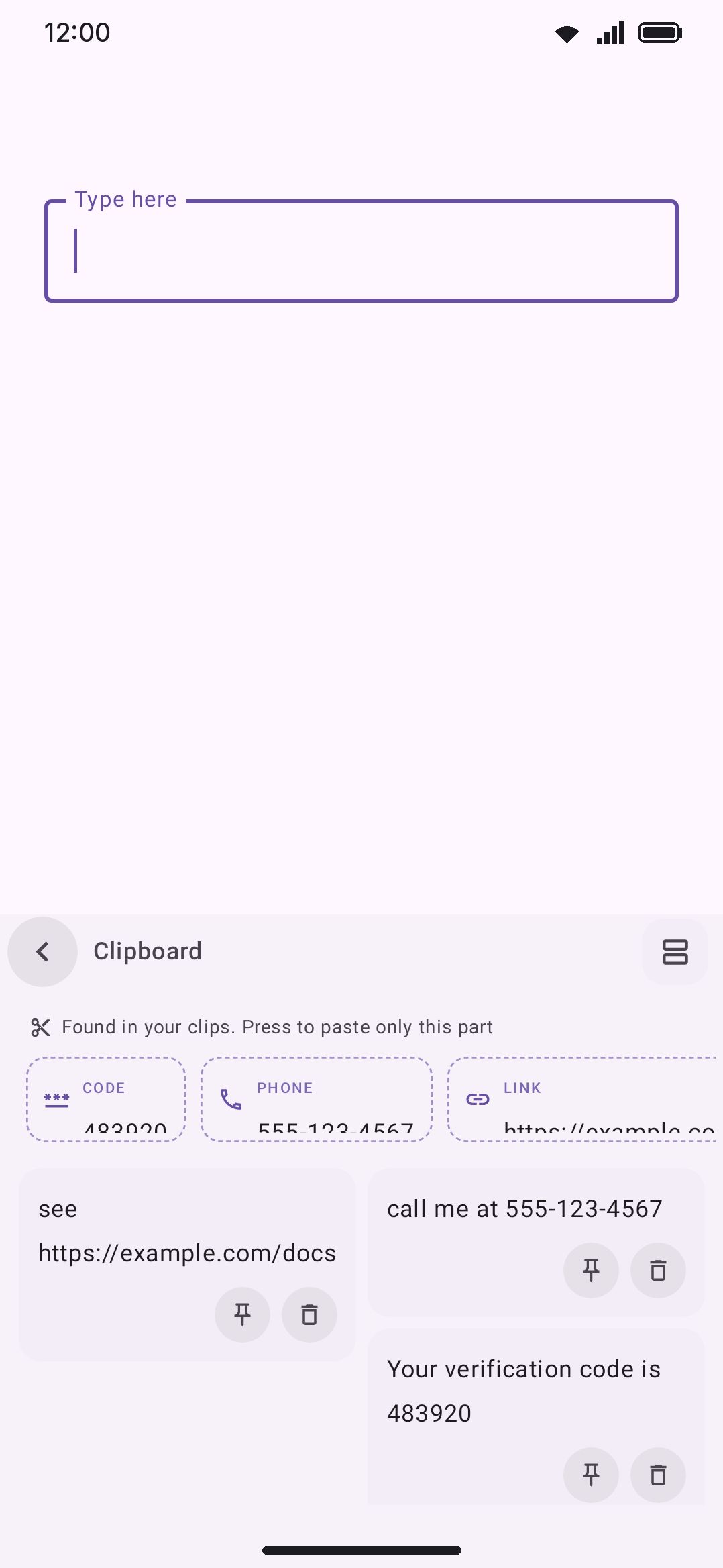 The Clipboard panel: dashed entity chips above the history, pulled out of several different clips.