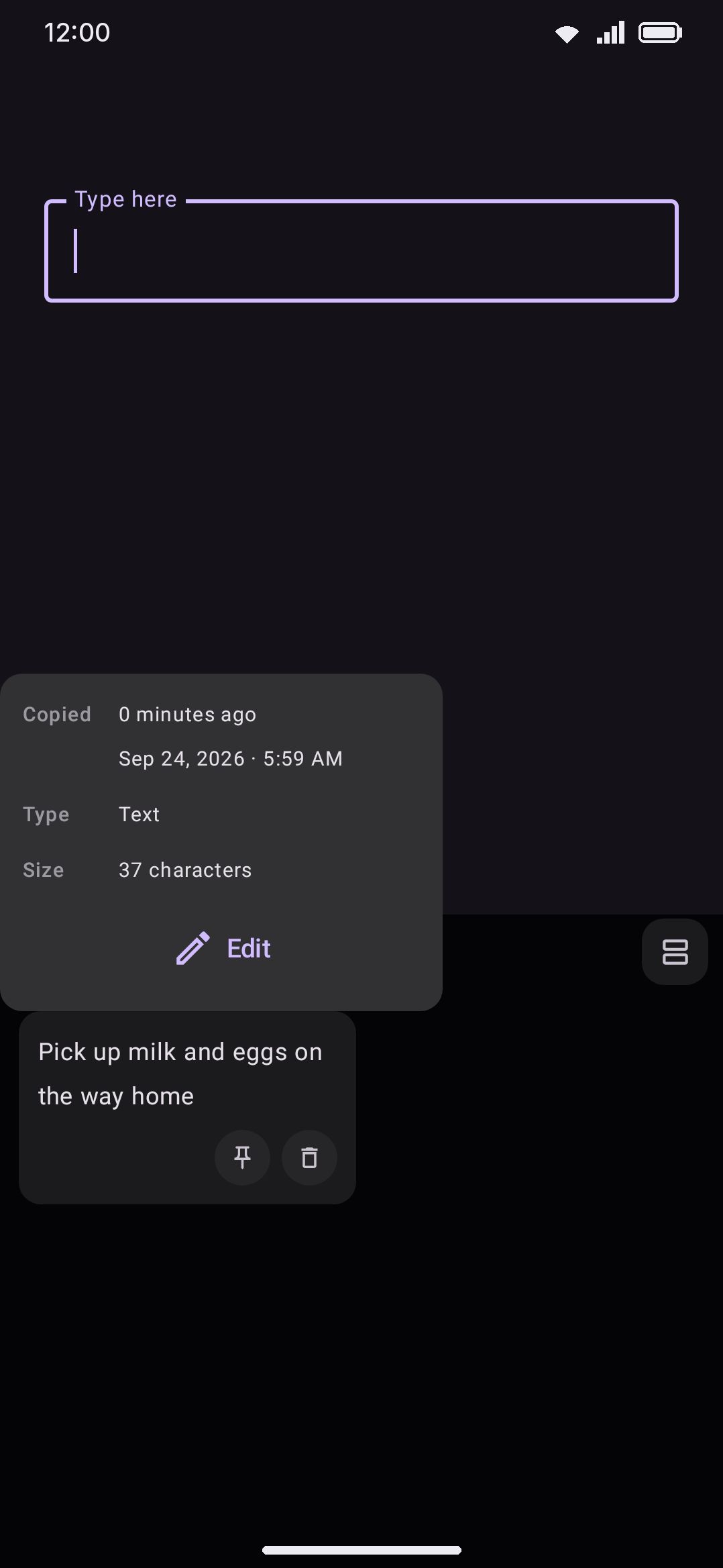 Long-pressing a clip: the info popup shows when it was copied, its type and its size.
