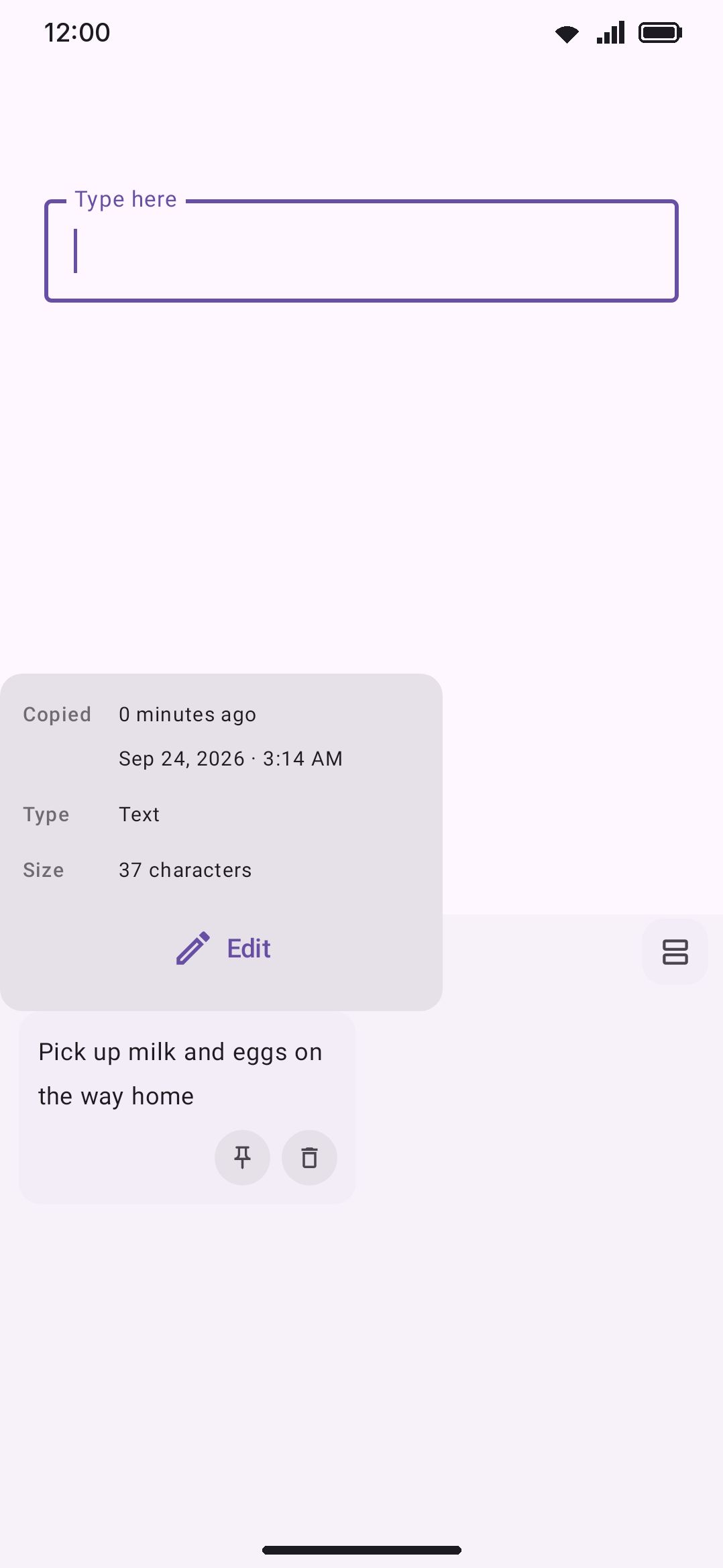 Long-pressing a clip: the info popup shows when it was copied, its type and its size.