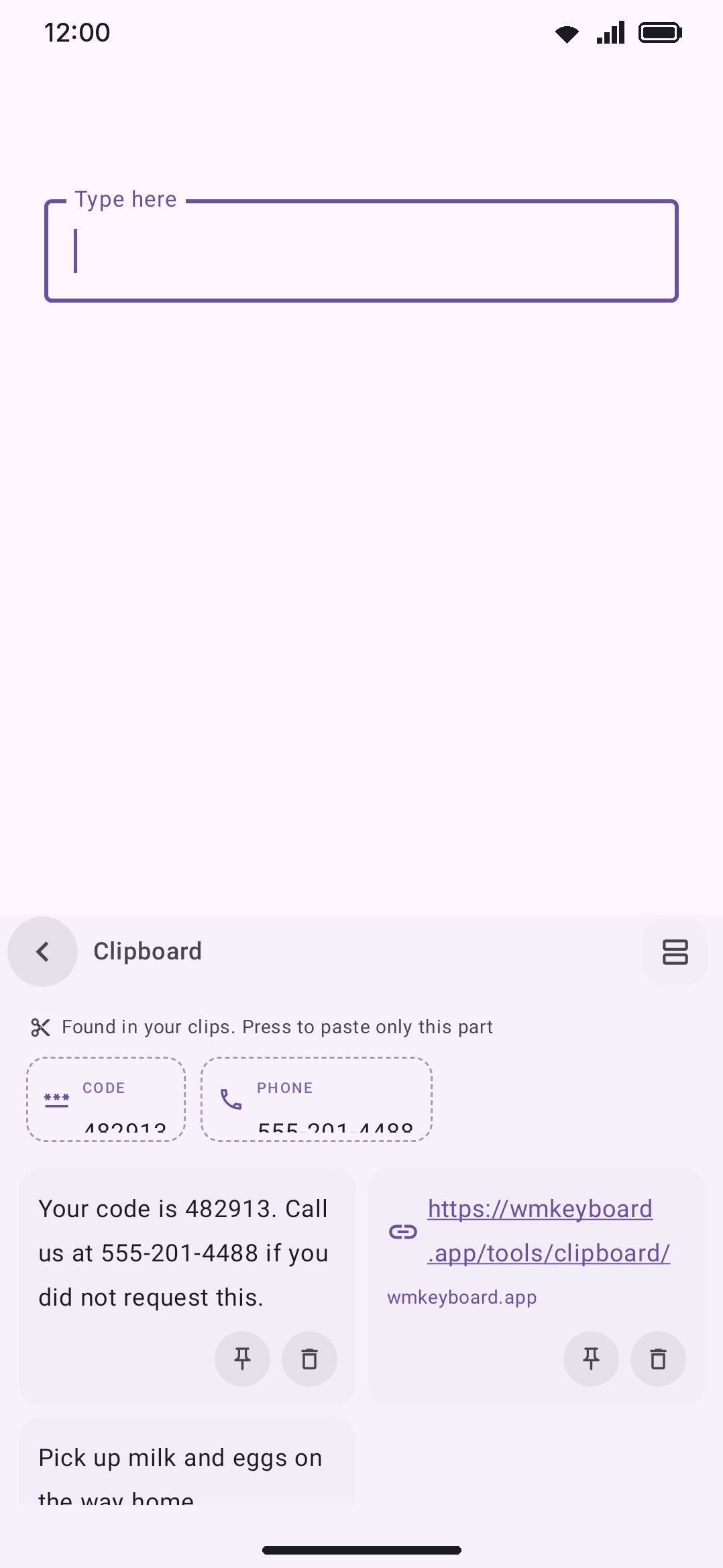 The clipboard panel: staggered two-column cards, entity chips for a fresh code or link, and a search pill.