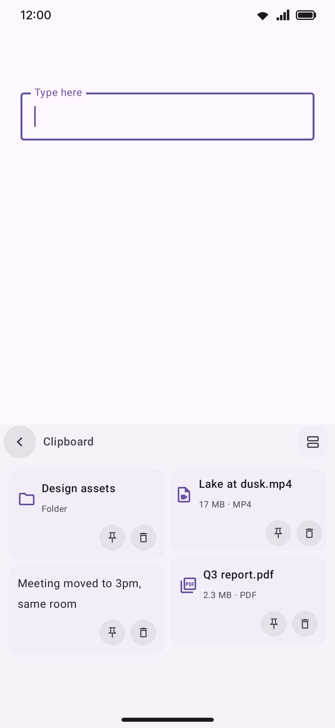 A file, video, and folder clip side by side — each keeps only a reference to the source, not the bytes.