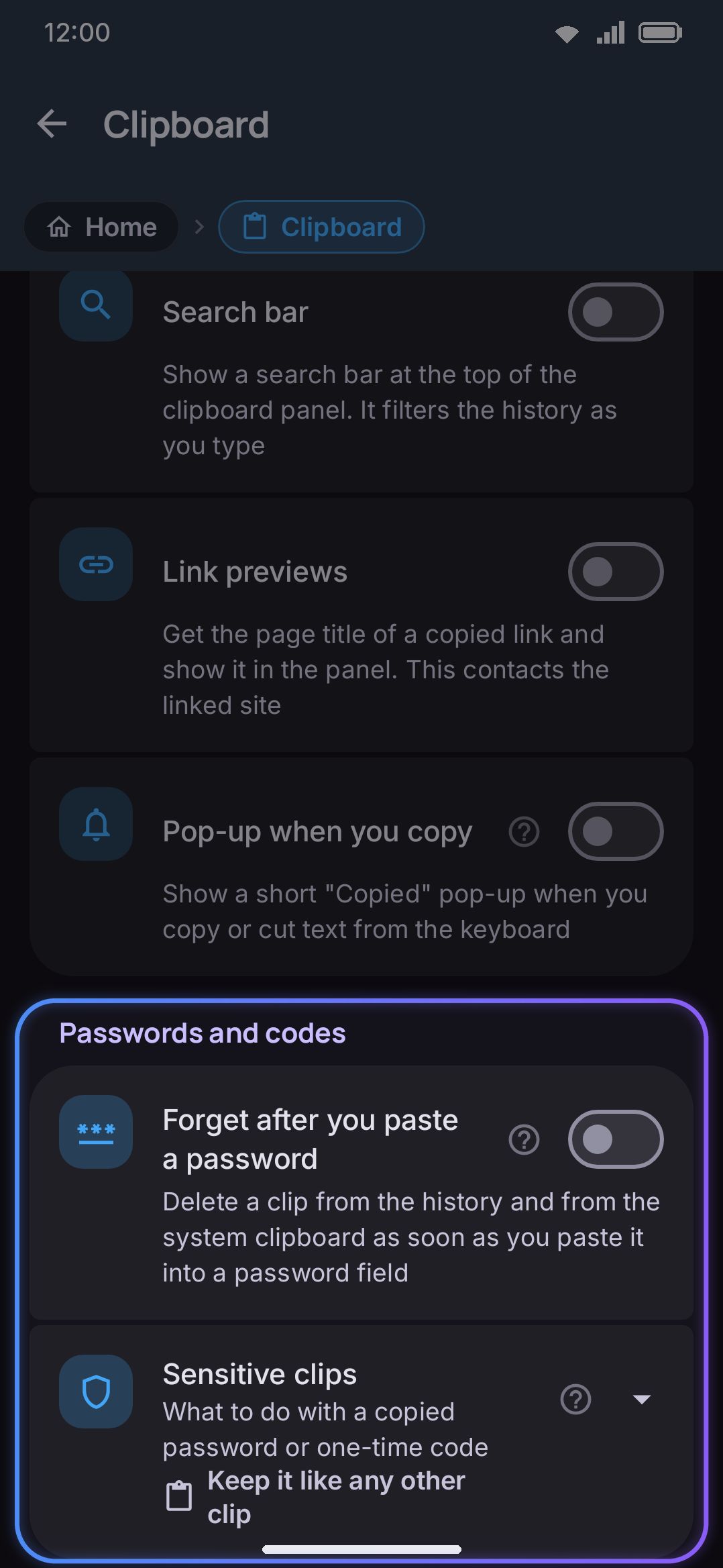Passwords & codes: sensitive-clip handling and the paste-time purge, both on by default.