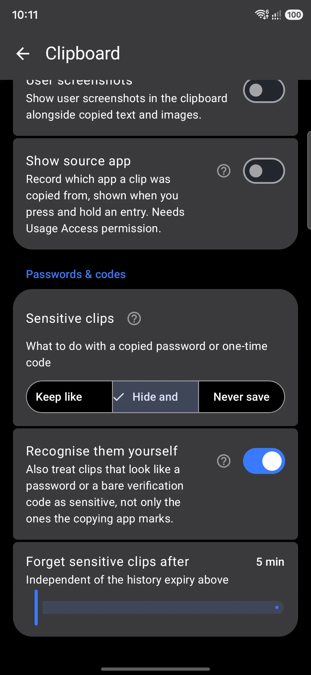 Clipboard settings: the History group and, below it, Passwords & codes.