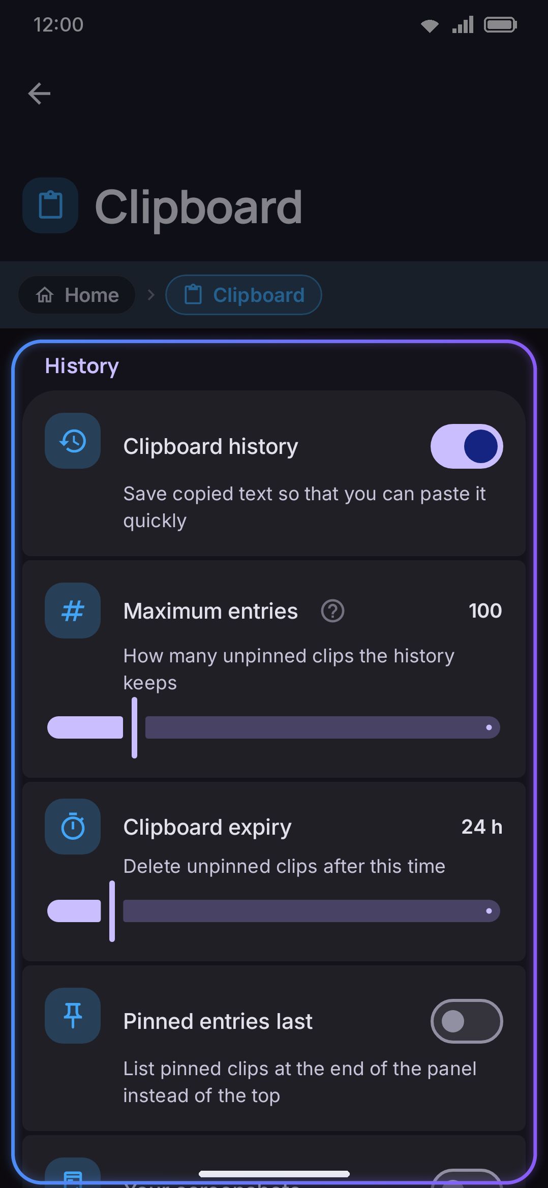 Clipboard settings: the History group and, below it, Passwords & codes.
