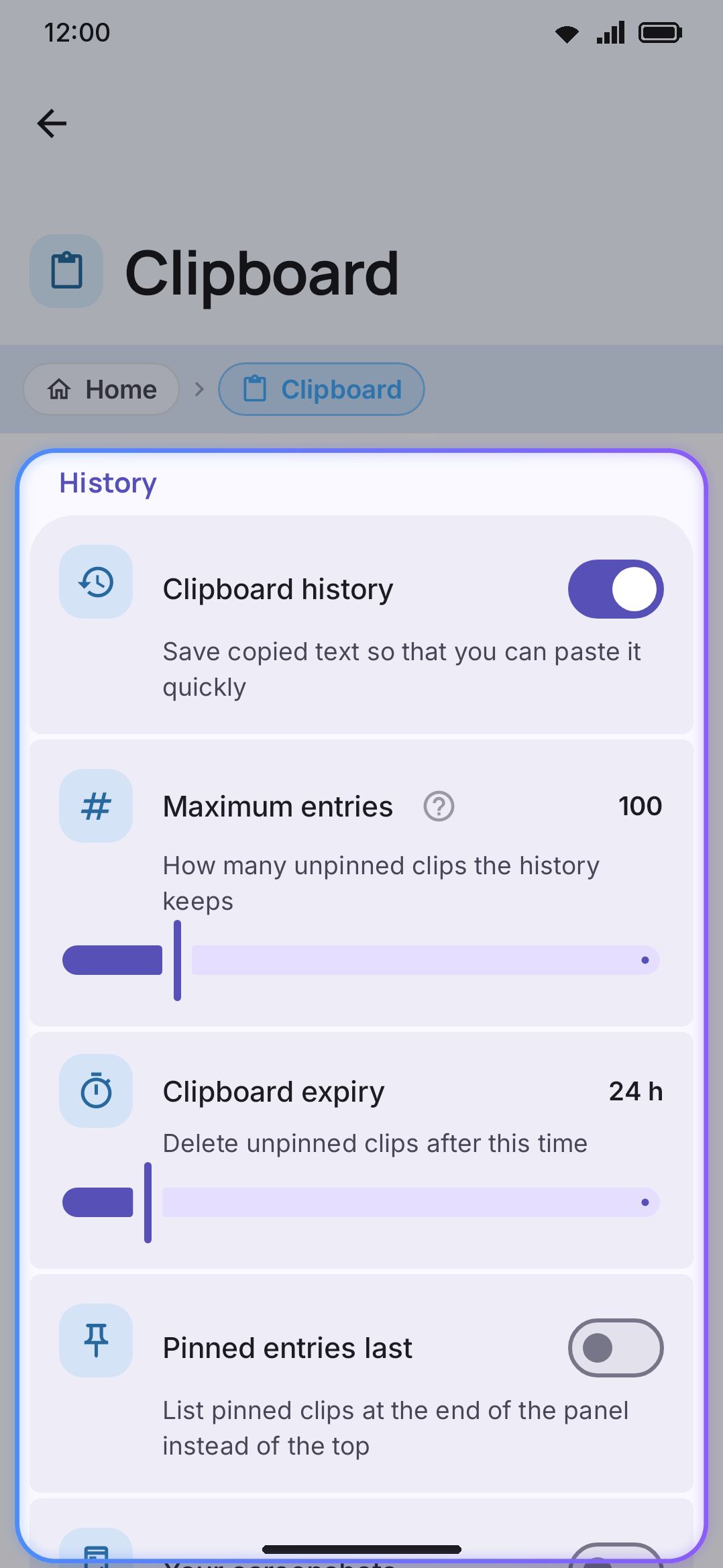 Clipboard settings: the History group and, below it, Passwords & codes.