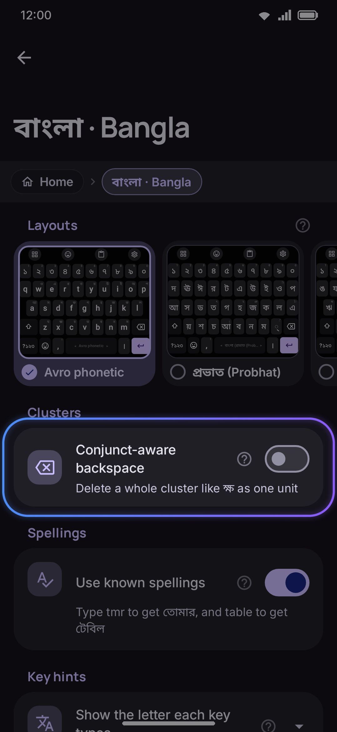 Conjunct-aware backspace, under Languages → Complex scripts. Off by default.